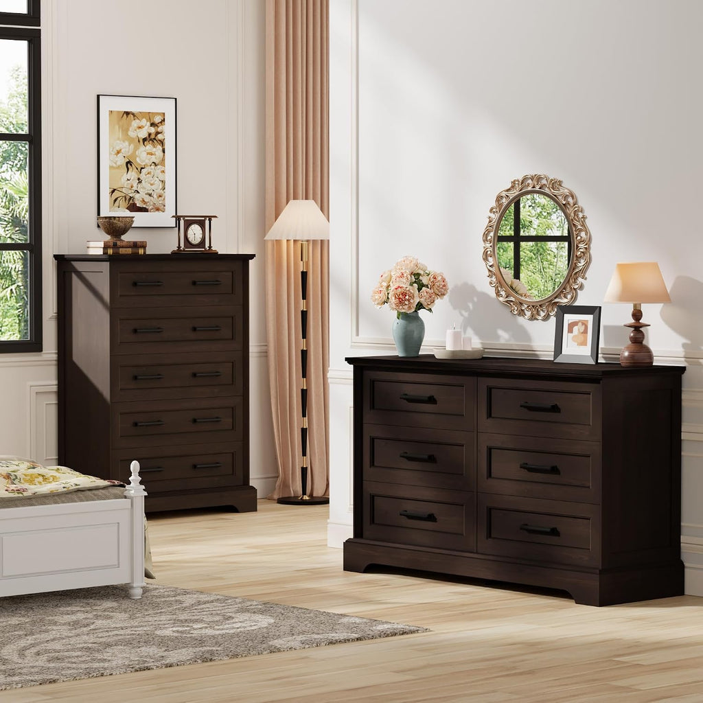 Furmax Farmhouse Dresser for Bedroom, 6 Drawers Dresser, Wood Chest of Drawers, 47.2' Wide Storage Dressers Organizer for Bedroom, Living Room, Dark Brown