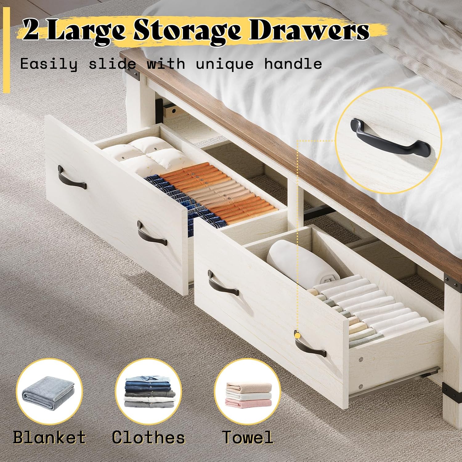AMERLIFE Farmhouse Bedroom Furniture Set, Includes 2 Nightstands with Charging Station and 1 Full Wood Platform Bed Frame with Storage Drawers, Farmhouse Furniture for Bedroom, Rustic White