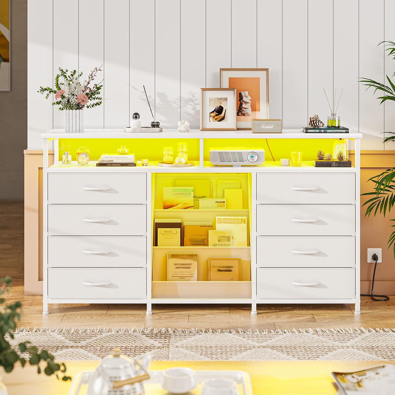 EnHomee 55 ' W Dresser for Bedroom with Bookrack & 8 Fabric Drawers, Dresser TV Stand with Power Outlet & LED Lights for 65 Inch TV, Chest of Drawers for Cabinet, Entryway, White