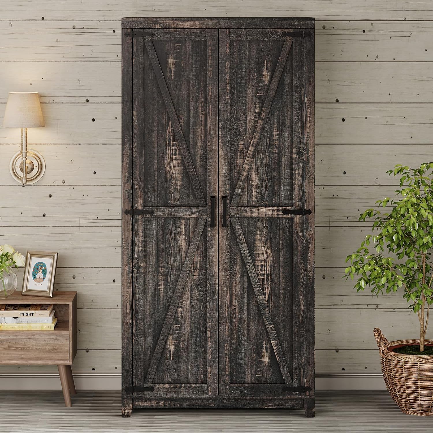 AMERLIFE Set of 2 Farmhouse Armoire Wardrobe Closet with 2 Barn Doors, 71'' Storage Cabinet with Shelf & Hanging Rod, Versatile Clothing Storage for Bedroom, Black Oak