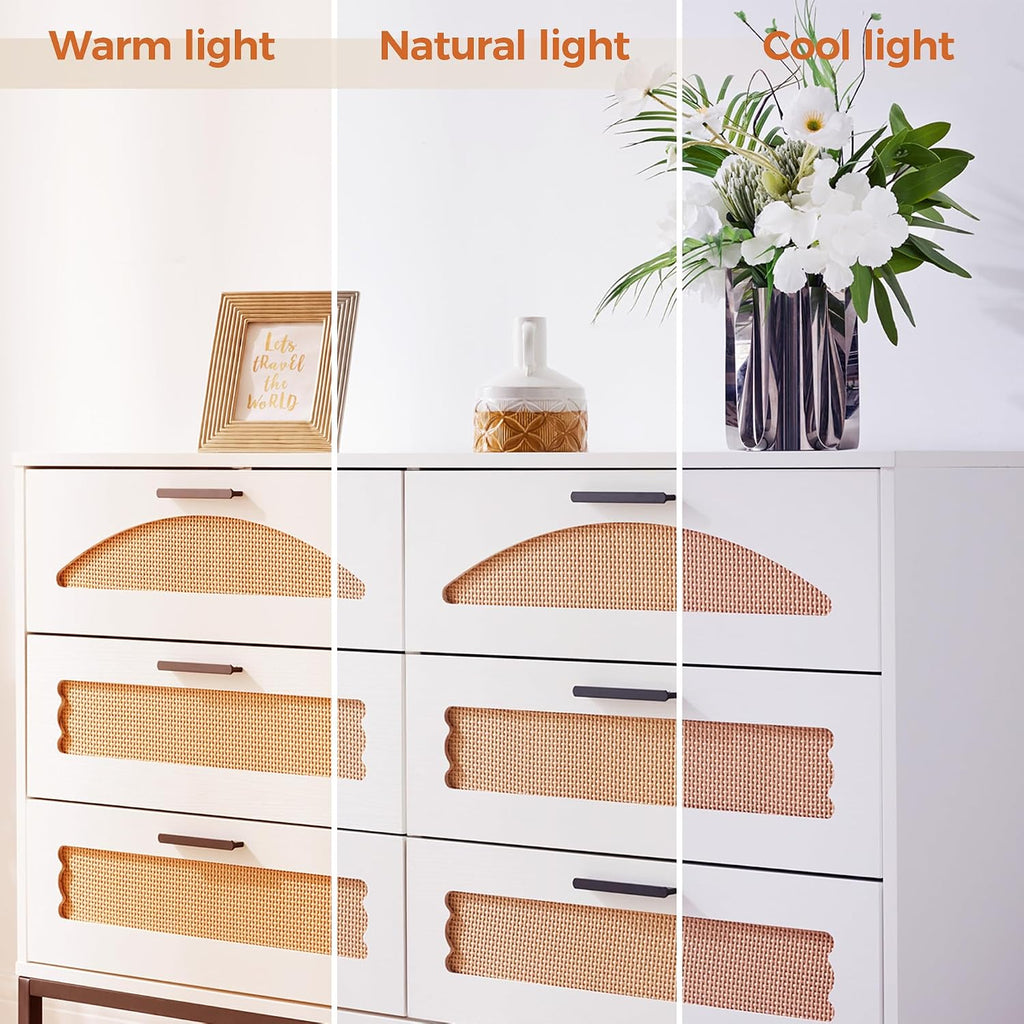 Mericonia 6 Drawer Double Dresser for Bedroom, Rattan Chest of Dressers, Modern Wooden Dresser Chest with Metal Frame for Bedroom, Living Room, Hallway and Entryway, White