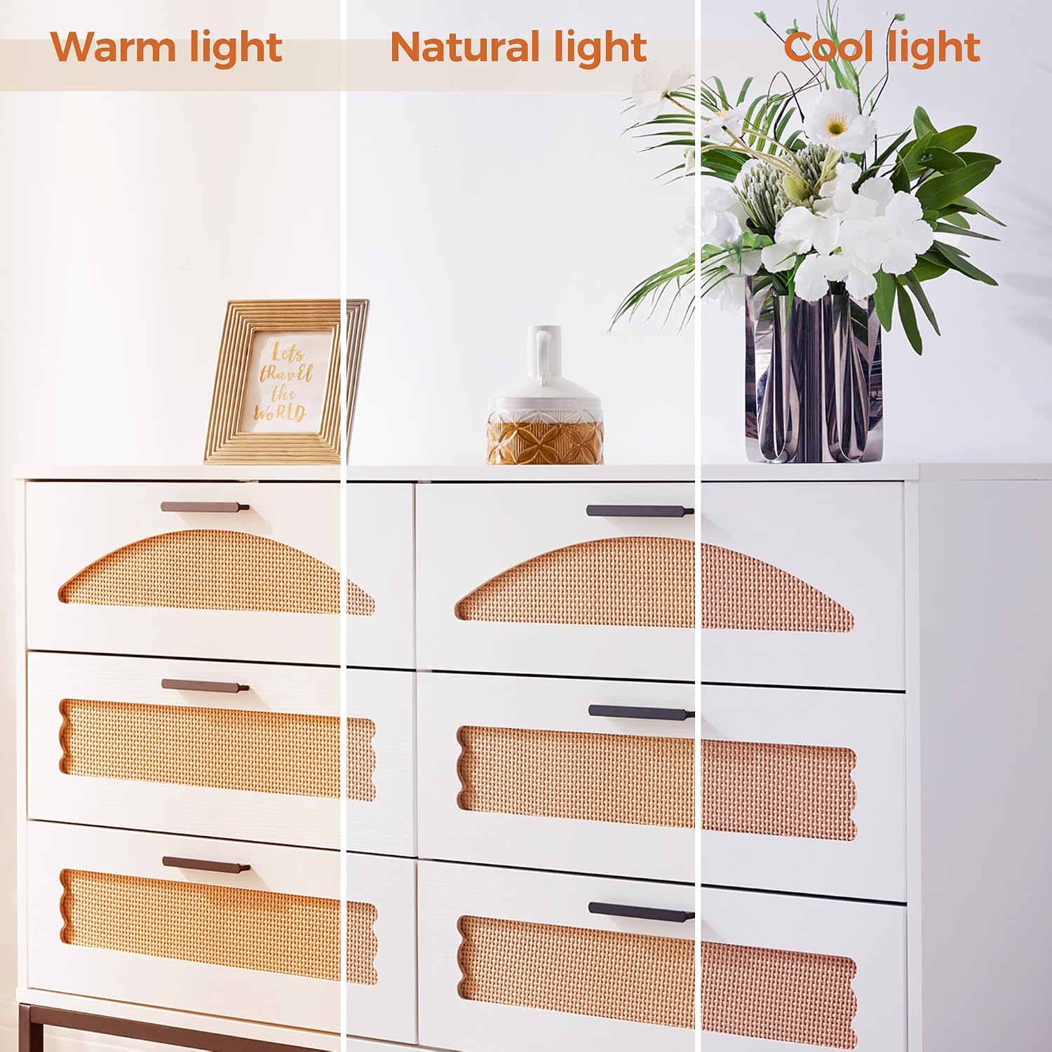 Mericonia 6 Drawer Double Dresser for Bedroom, Rattan Chest of Dressers, Modern Wooden Dresser Chest with Metal Frame for Bedroom, Living Room, Hallway and Entryway, White