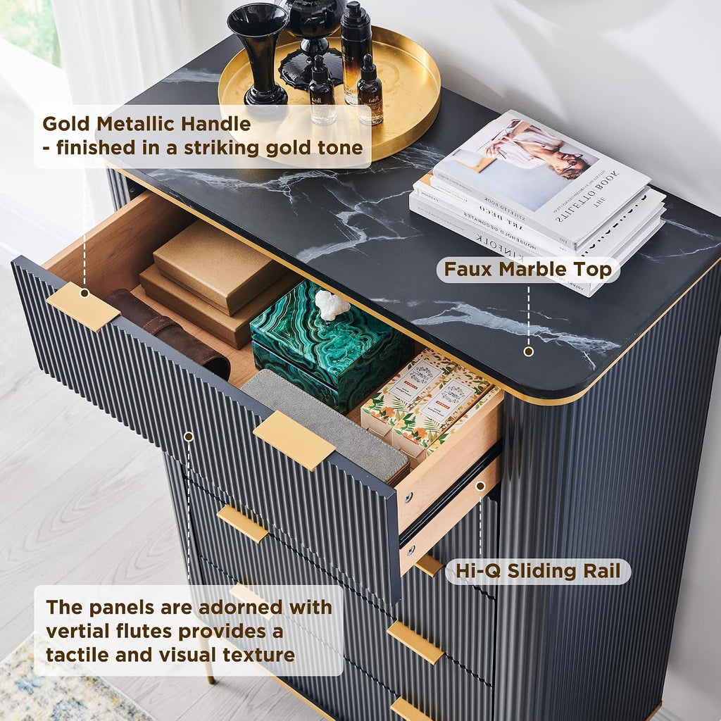 T4TREAM Fluted 5 Drawers Dresser for Bedroom, 48' Tall Modern Dresser Chest of Drawers, Gold Accents, Fluted Fronts, Wood Storage Dressers Organizer for Bedroom, Living Room, Dark Grey