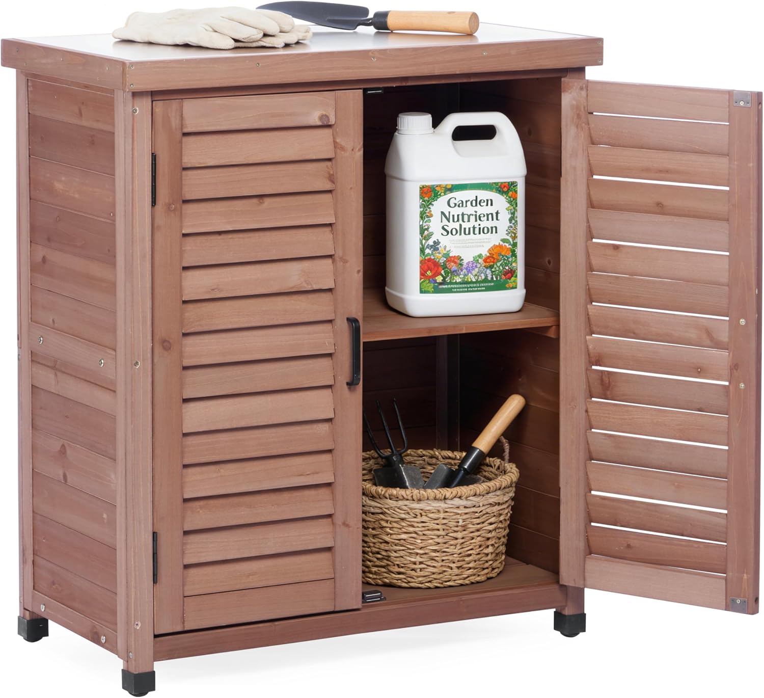 Potting Bench with Storage Cabinet and Metal Table Top for Outdoor Patio, Garden Furniture Wood Workstation (Brown)