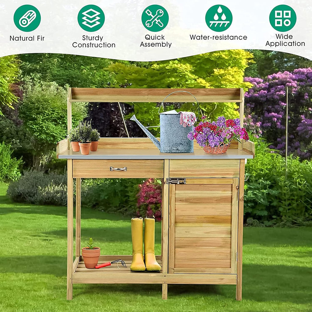Wooden Garden Potting Bench Tables Work Station with Metal Table Top, Cabinet, Sliding Drawer and Hook,Storage Boacttom Shelf,101.6x41.4x125cm