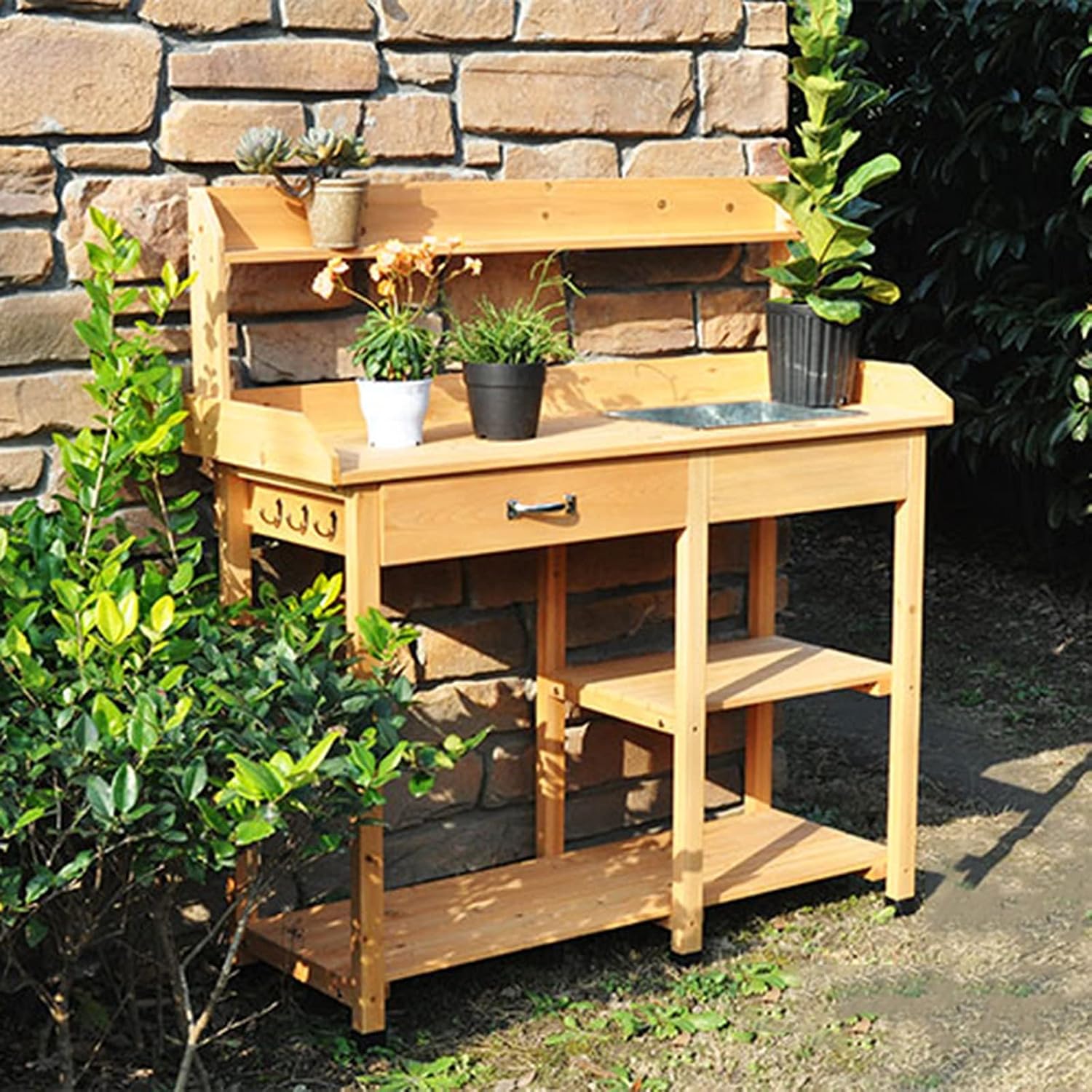 46 Inch Fir Wood Potting Bench Tables Wooden Outdoor Garden Workstation with Stainless Sink & Drawer Shelf Hook for Patio, Garden