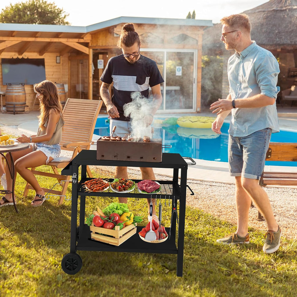 Outdoor Grill Cart,Grill Table with Three-Shelf,Movable Pizza Oven Table,Rolling Kitchen Cart,Grill Tables for Outside BBQ with Two Wheels Black