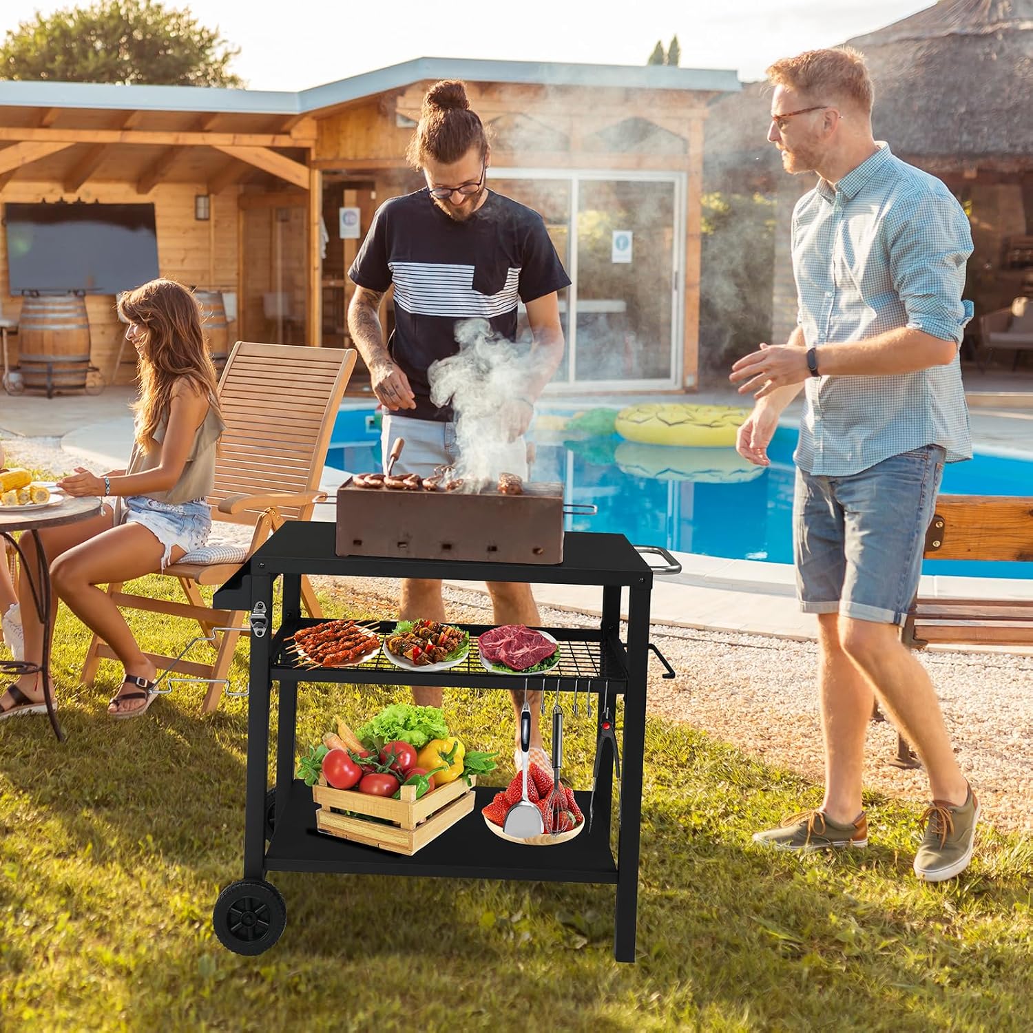 Outdoor Grill Cart,Grill Table with Three-Shelf,Movable Pizza Oven Table,Rolling Kitchen Cart,Grill Tables for Outside BBQ with Two Wheels Black