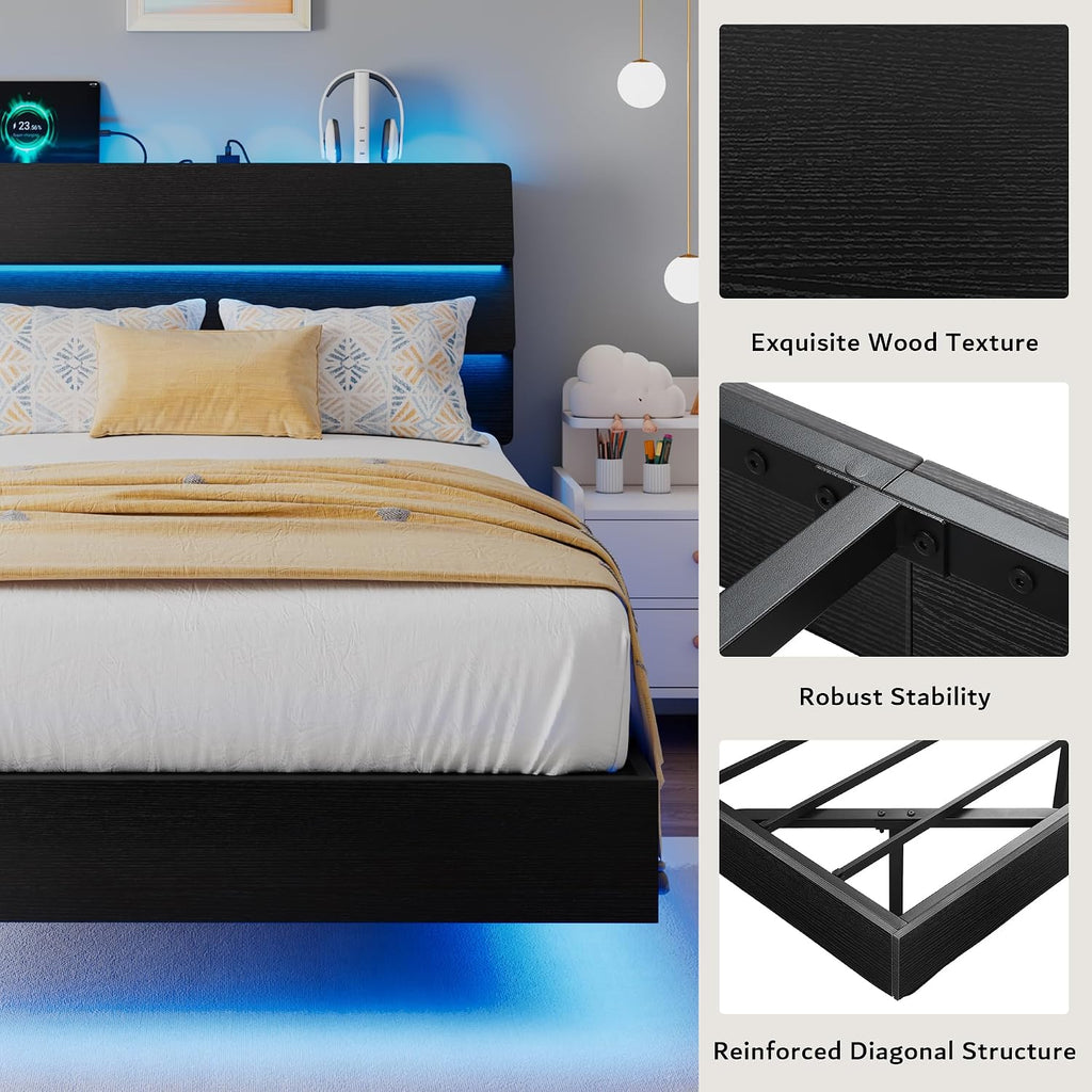 iPormis Floating Twin Size Bed Frame with LED Lights & Charging Station, Platform Bed with Wooden Storage Headboard, Heavy Duty Slats Support, No Box Spring Needed, Easy Assembly, Noise-Free, Black