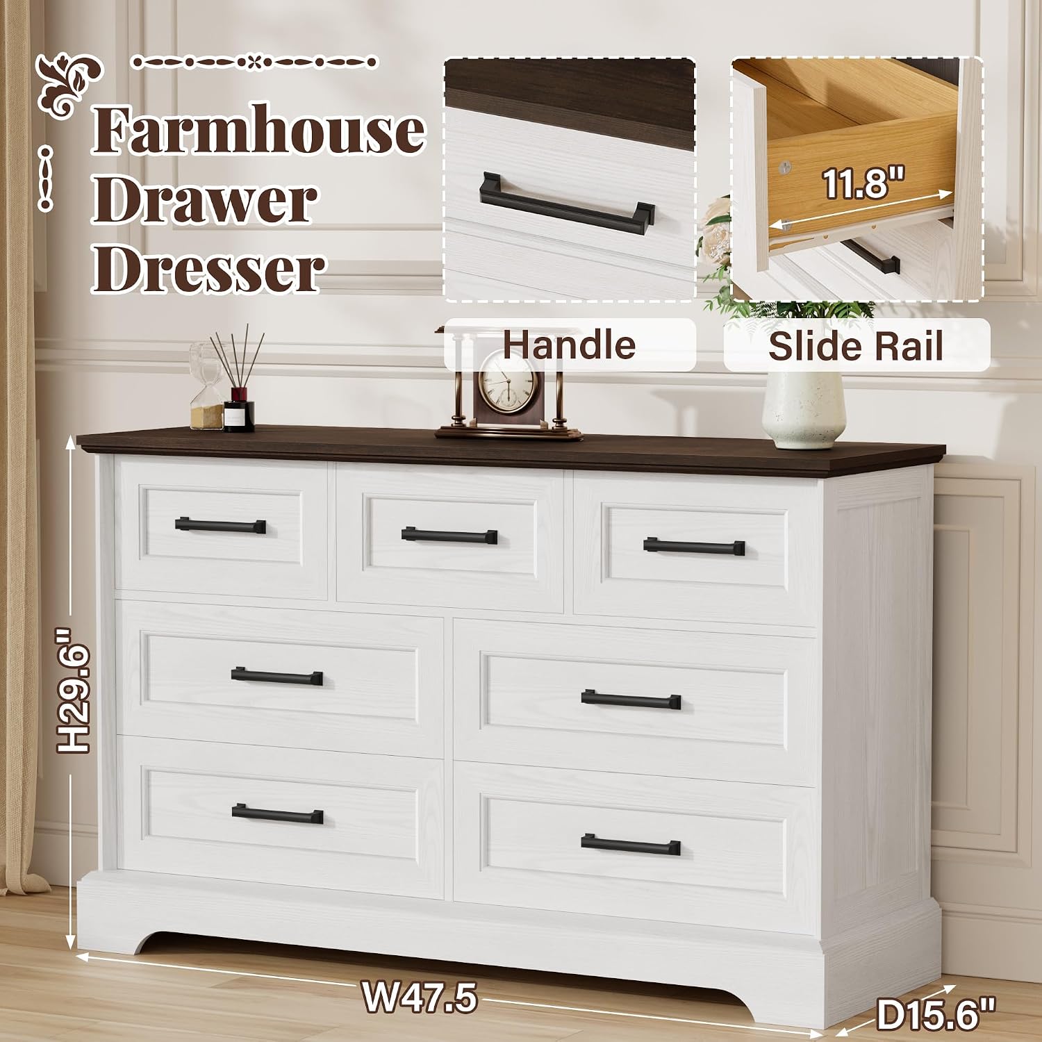 Furmax Farmhouse Dresser for Bedroom, 7 Drawers Dresser, Wood Chest of Drawers, 47.5' Wide Storage Dressers Organizer for Bedroom, Living Room, White and Brown