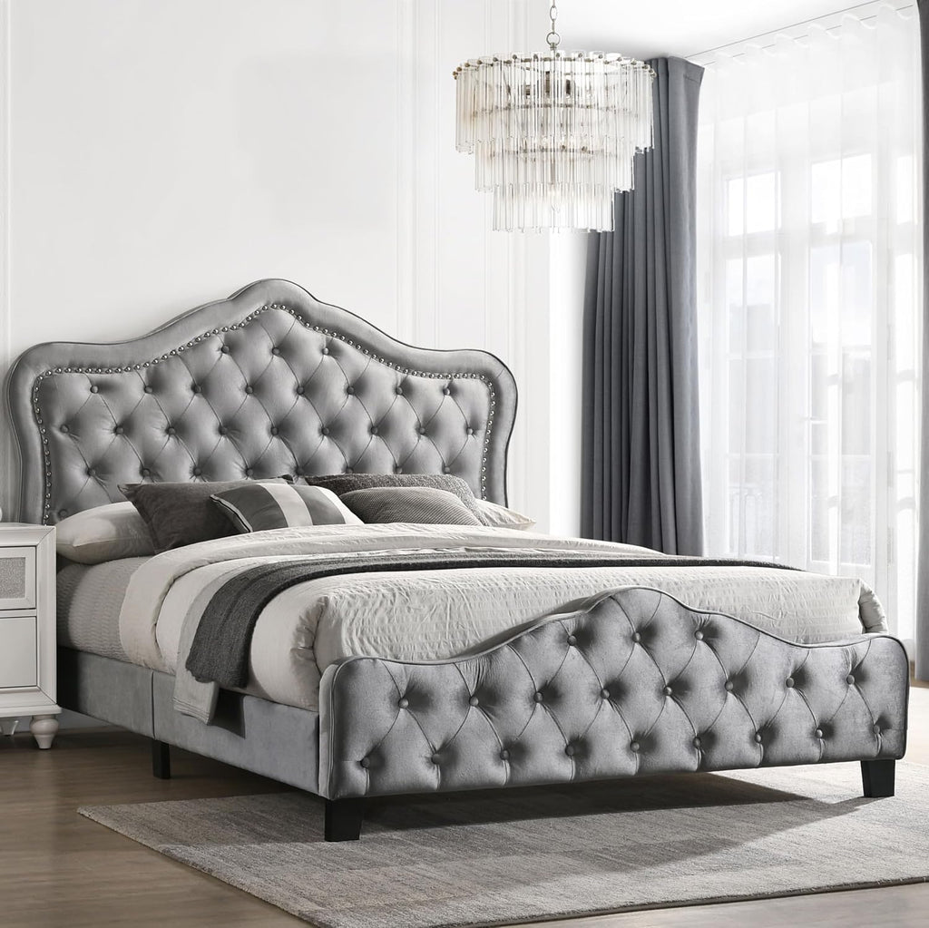 Coaster Home Furnishings - Bella - Wood - Upholstered Panel Bed with Bell Style Headboard, Button Tufting, Chrome Nail Heads and Welt Trim - Bedroom - California King Size - Gray - 315871KW