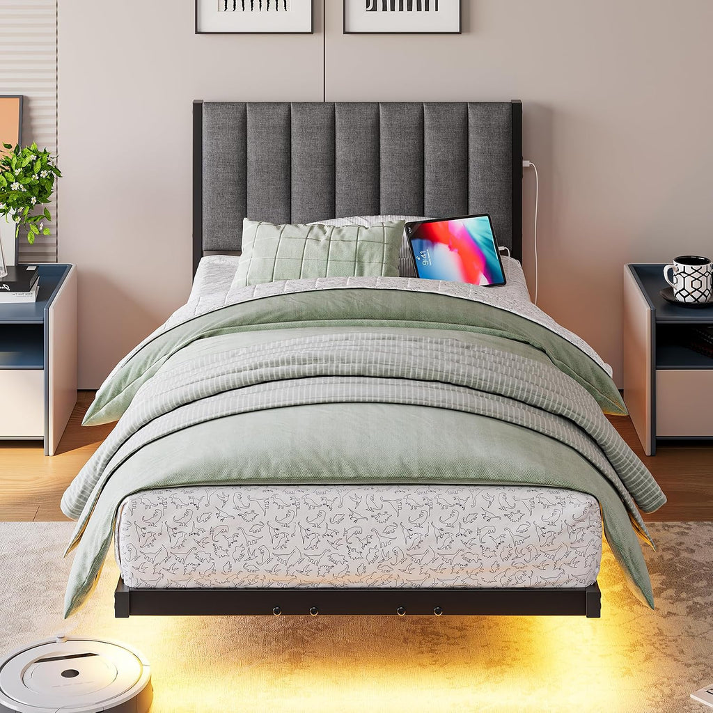 Floating Twin Bed Frame with LED Lights & USB Charging Station,Metal Platform Bed with Strong Slats Support,Floating Bed Frame Twin Size with Upholstered Headboard,Easy Assembly,Noise Free,Gray
