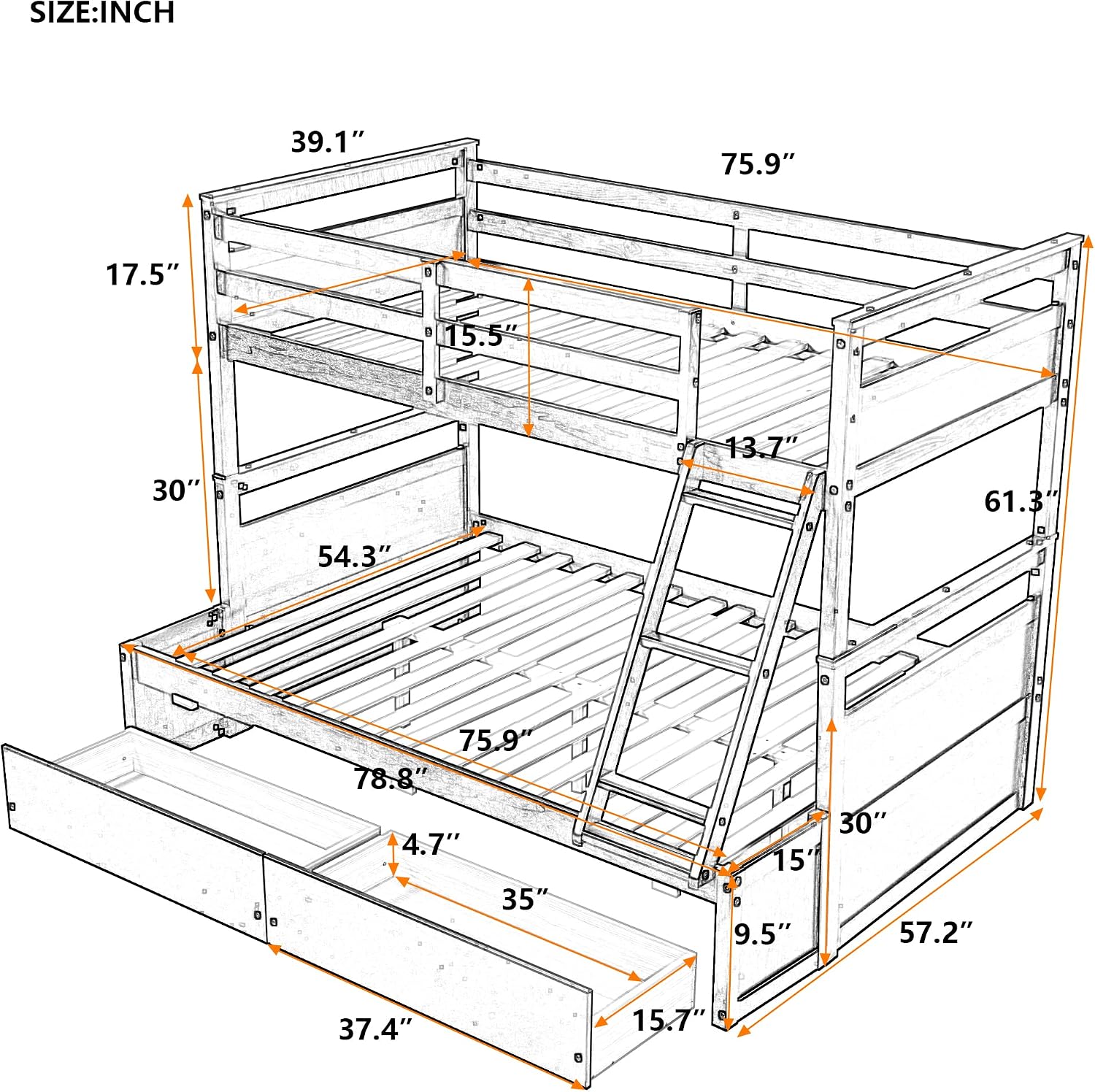 Merax Twin Over Full Bunk Bed, Wood Bunk Bed with Removable Ladders and Two Storage Drawers, Convertible into Two Individual Beds (Espresso)