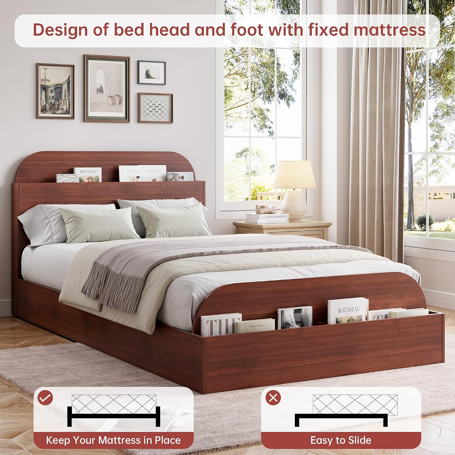 GarveeHome Twin XL Size Bed Frame, Wooden Beds with Storage Headboard and Raised-Foodboard, Twin XL-Floor Low Platform Bed for Bedroom, Sturdy Wooden Slats Support, No Box Spring Needed, Espresso