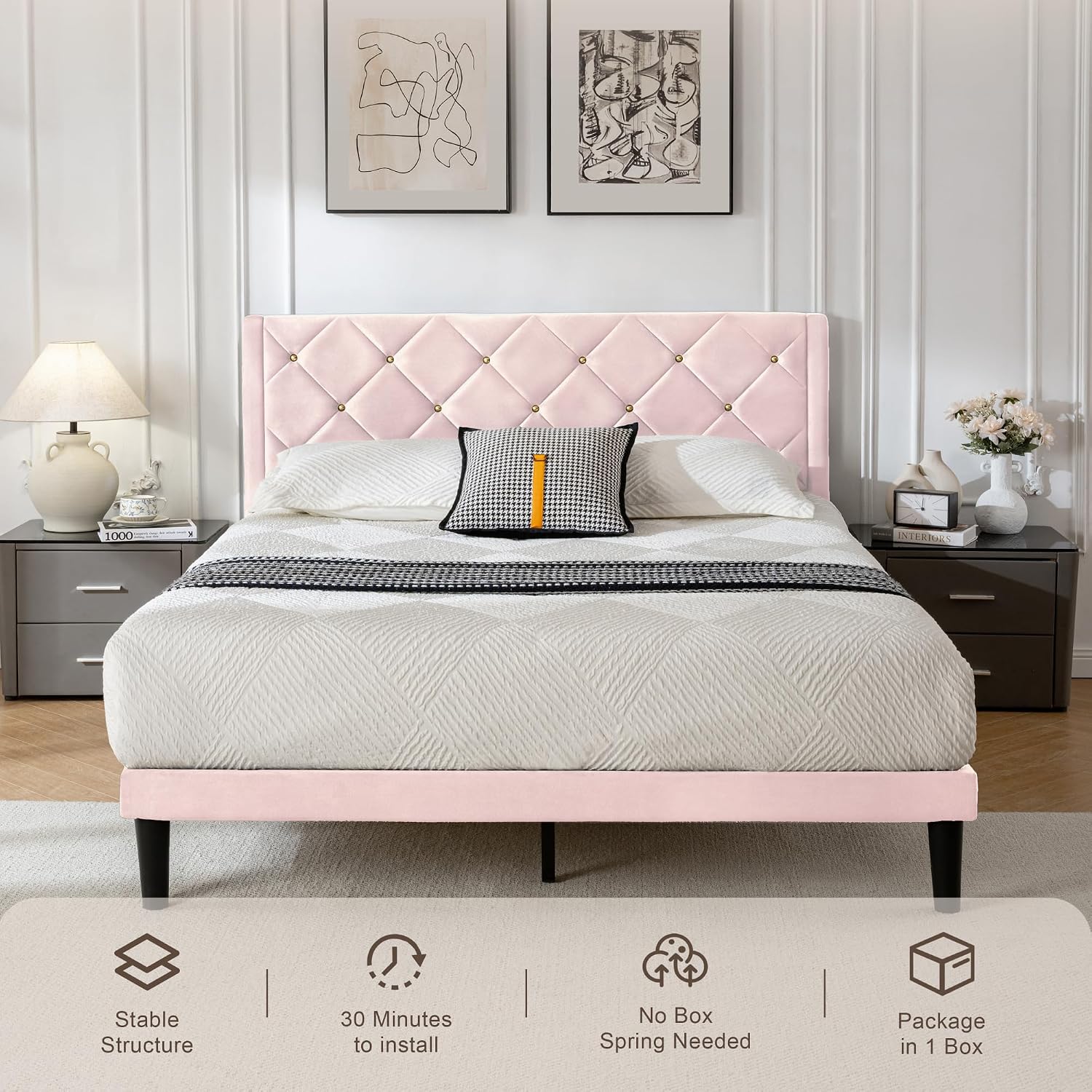 Queen Size Platform Bed Frame with Velvet Headboard, Sturdy Wooden Slats Support, Mattress Foundation, No Box Spring Required, Non-Slip and Noise-Free, Easy Assembly, Pink
