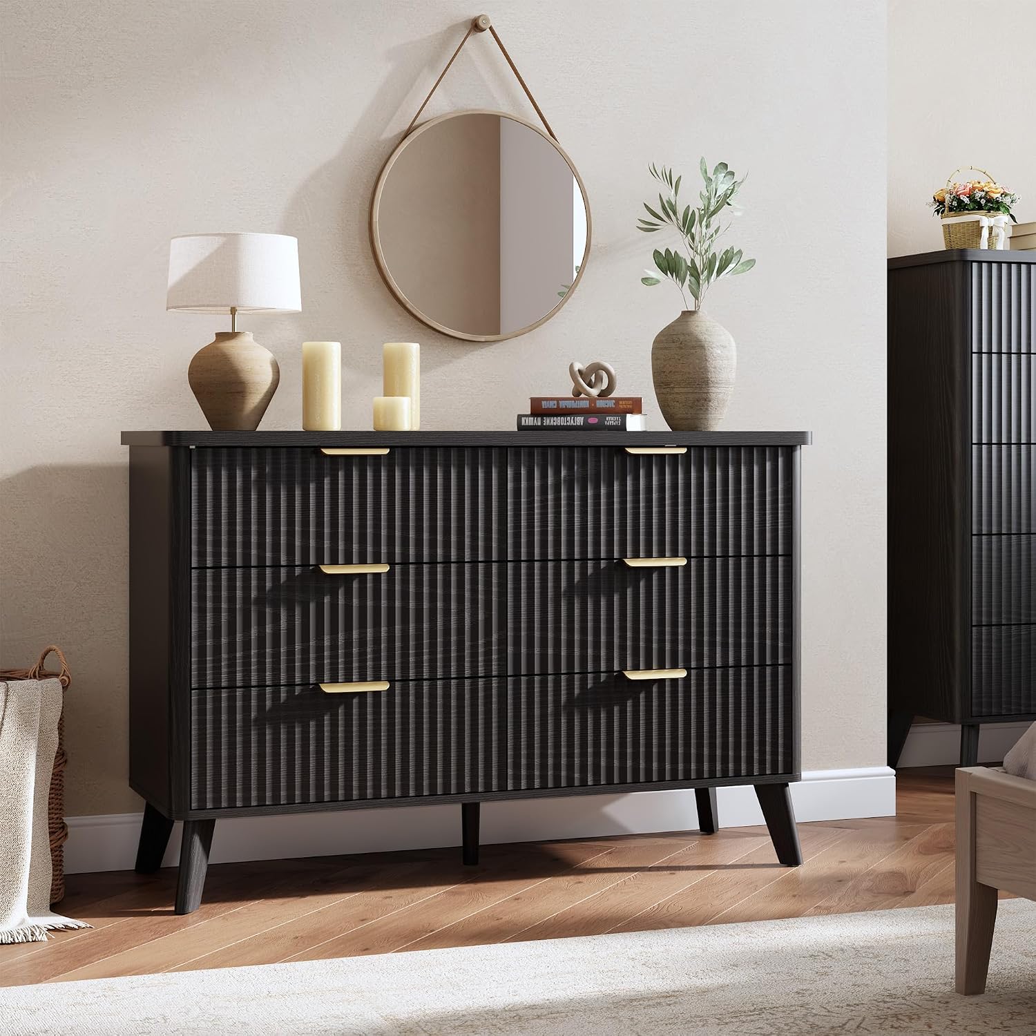 GarveeHome Fluted Dresser for Bedroom with 6 Deep Drawers, 47.2 in Wide Modern Chest of Drawers, Wooden Dresser TV Stand, Curved Profile Design, for Living Room, Kids Room, Hallway, Black