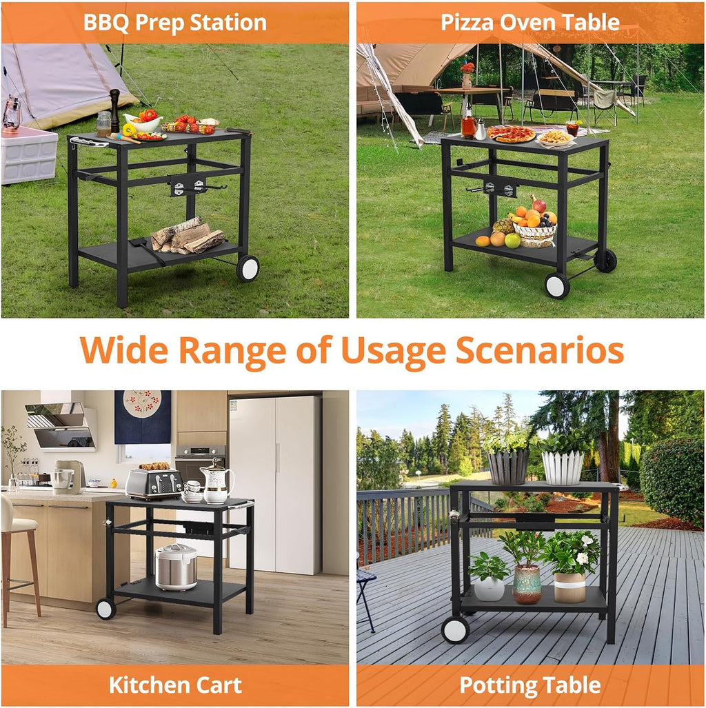 Outdoor Grill Cart - Portable Barbecue Table with Rolling Wheels, Hooks, Double Shelves, Removable Steel Flat Top Work Surface, Side Handles, Multifunctional Commercial Design