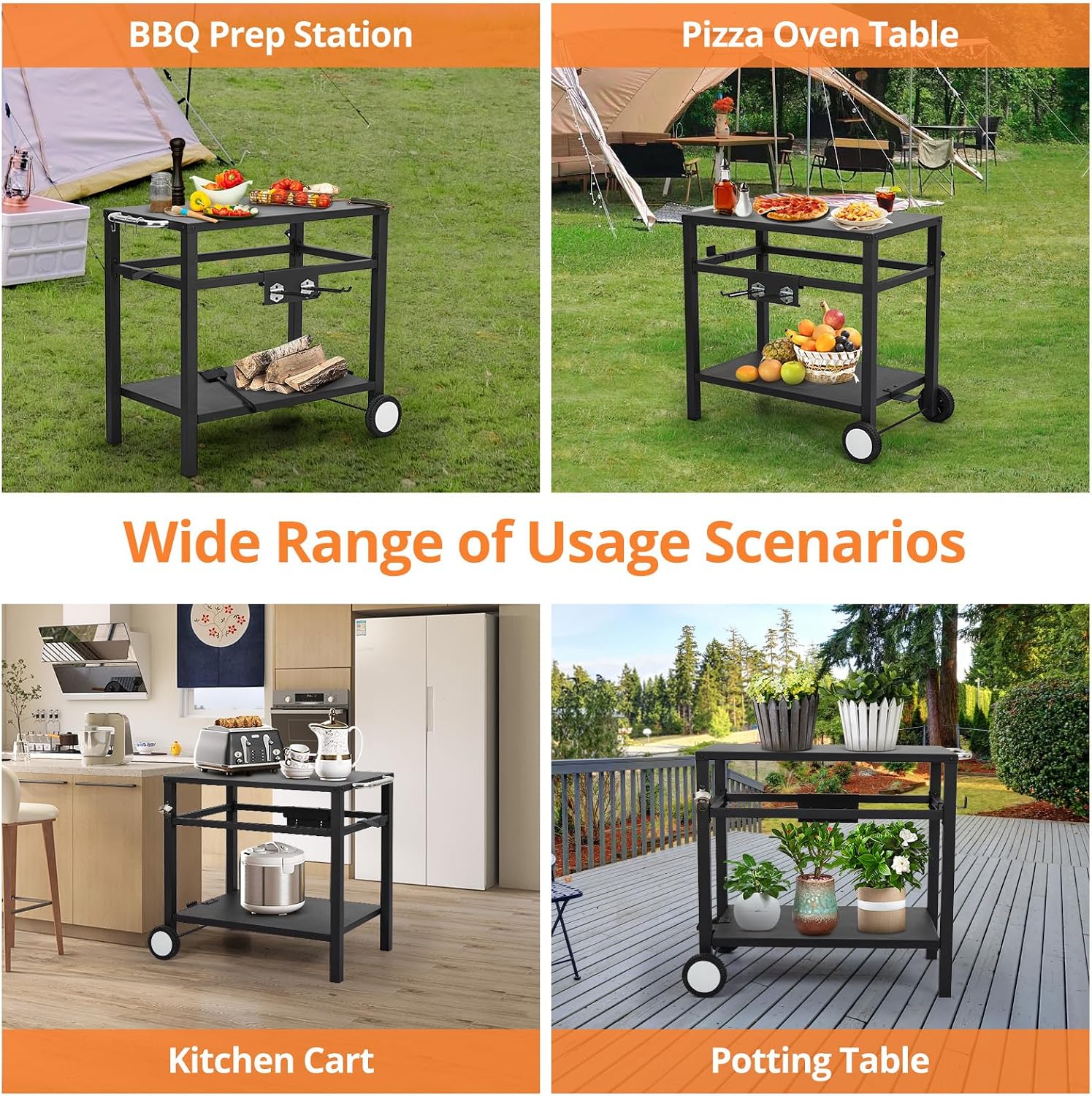 Outdoor Grill Cart - Portable Barbecue Table with Rolling Wheels, Hooks, Double Shelves, Removable Steel Flat Top Work Surface, Side Handles, Multifunctional Commercial Design