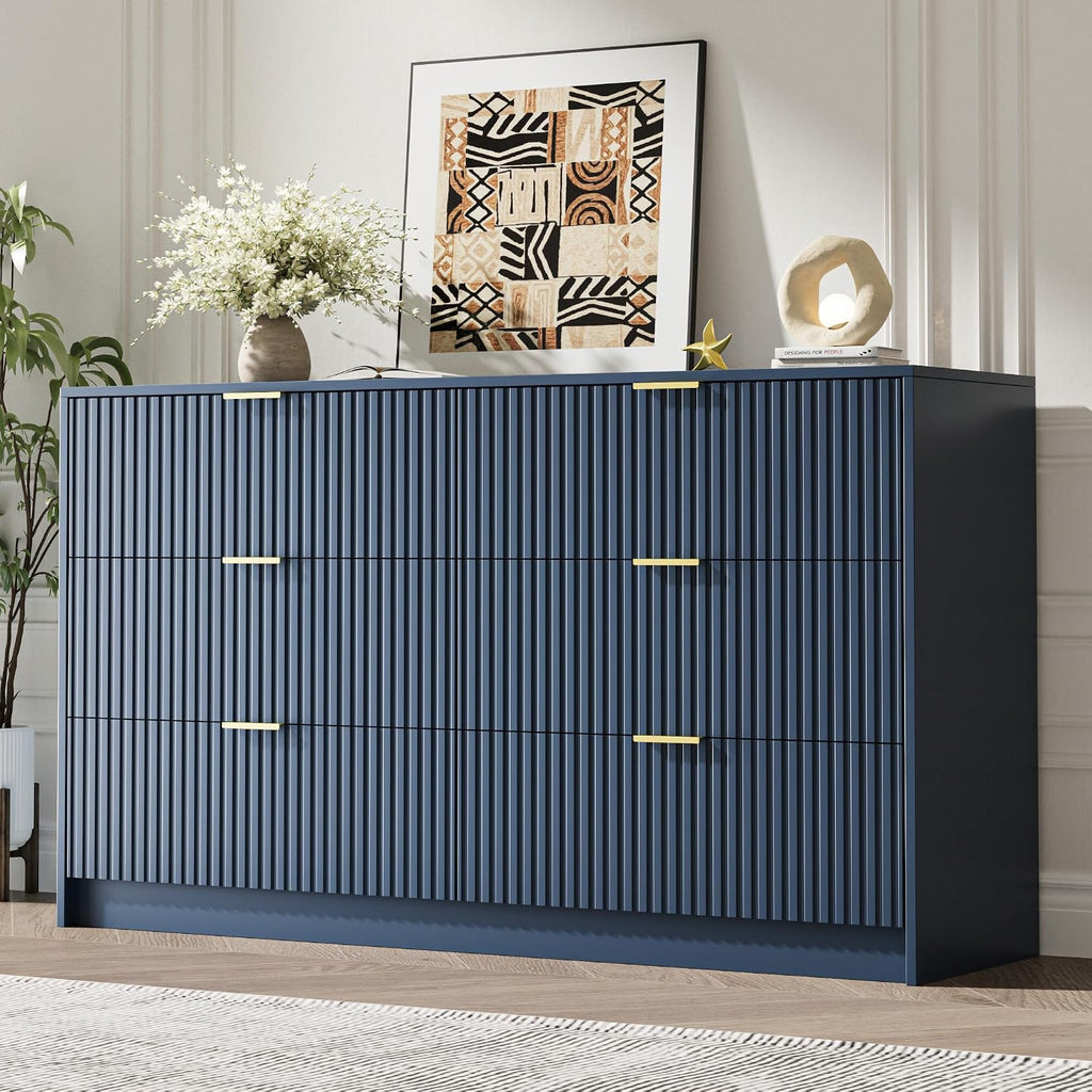MAISONARIA 6 Drawer Dresser for Bedroom, 55' Wide Modern Chest of Drawers with Gold Metal Handles, Fluted Wood TV Stand for Living Room, Hallway(Navy Blue)