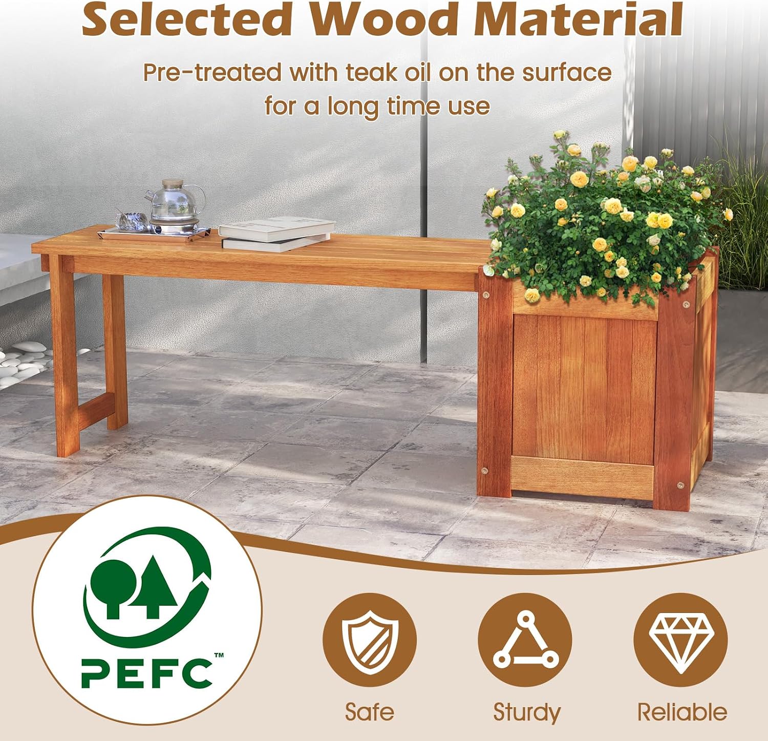 2 Benches with Planter Boxes, 2 in 1 Wooden Flower Box Kit with Seat, Open-Ended Base & Slotted Construction, Outdoor Plant Container for Garden, Yard, Balcony (Natural)
