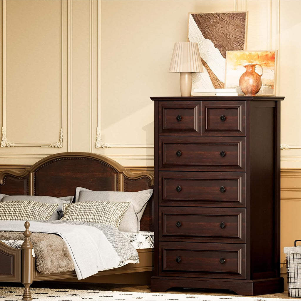VVFLU Farmhouse 6 Drawer Dresser, 48' Tall Dresser Chest of Drawers with Natural Texture & Metal Handles, Storage Dressers Organizer for Bedroom, Living Room, Hallway, Vintage Design (Cherry)
