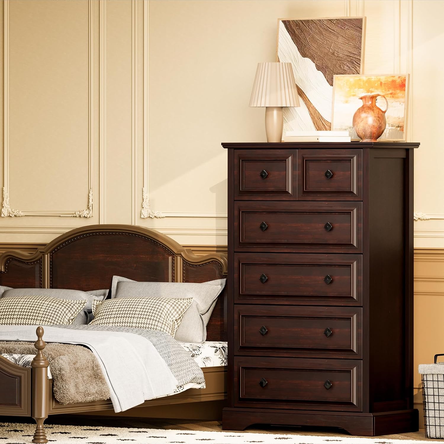 VVFLU Farmhouse 6 Drawer Dresser, 48' Tall Dresser Chest of Drawers with Natural Texture & Metal Handles, Storage Dressers Organizer for Bedroom, Living Room, Hallway, Vintage Design (Cherry)