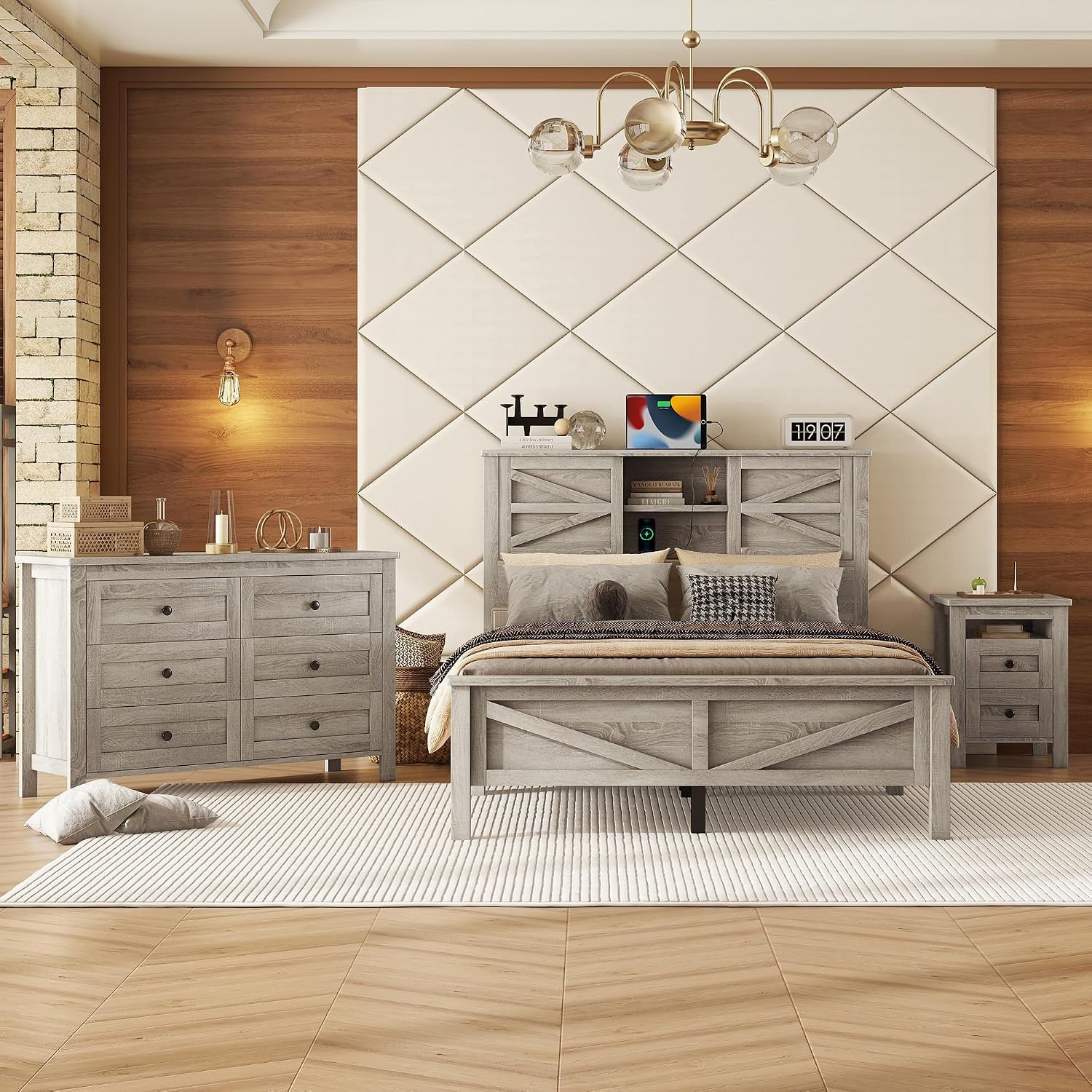 3-Pieces Bedroom Sets, Full Size Wood Farmhouse Platform Bed with Double Sliding Door Storage Headboard and USB&Charging Station, Storage Nightstand and Dresser for Room (Antique Gray-11, Full)