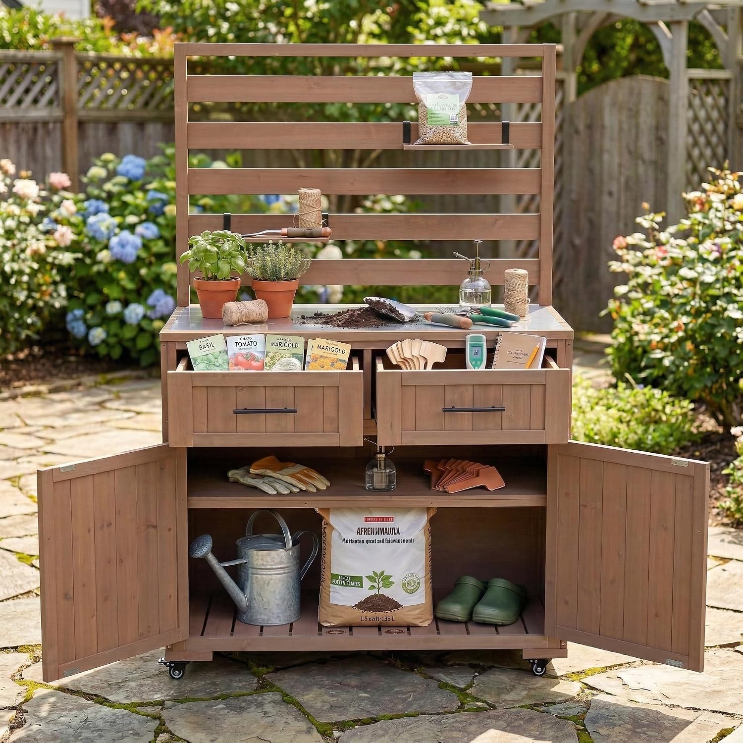 Solid Wood Grill Prep BBQ Table,Garden Potting Bench with Stainless Table Top,3 Movable Shelves and 2 Drawers (Brown-LP)