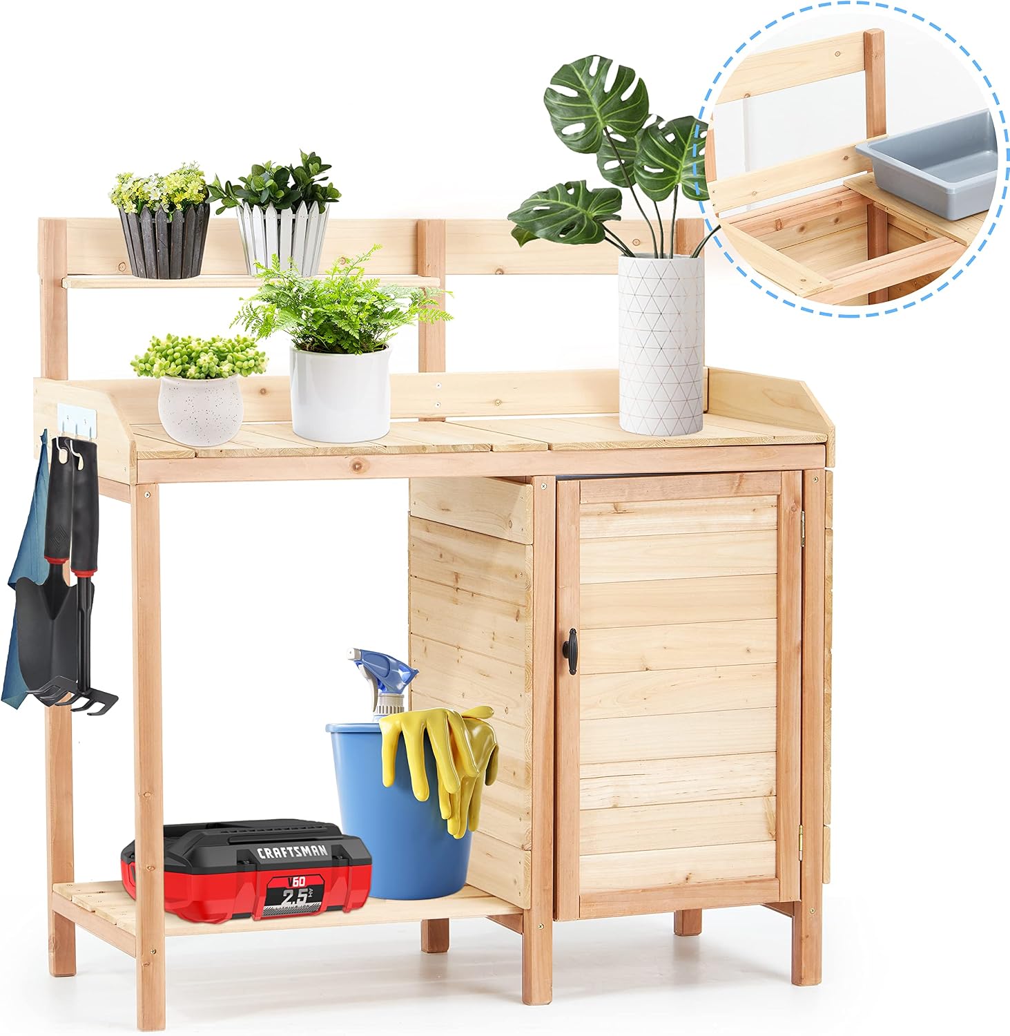 Outdoor Wooden Potting Bench with Sink & Storage – Heavy-Duty Garden Workstation Table for Patio, Lawn, Backyard Gardening