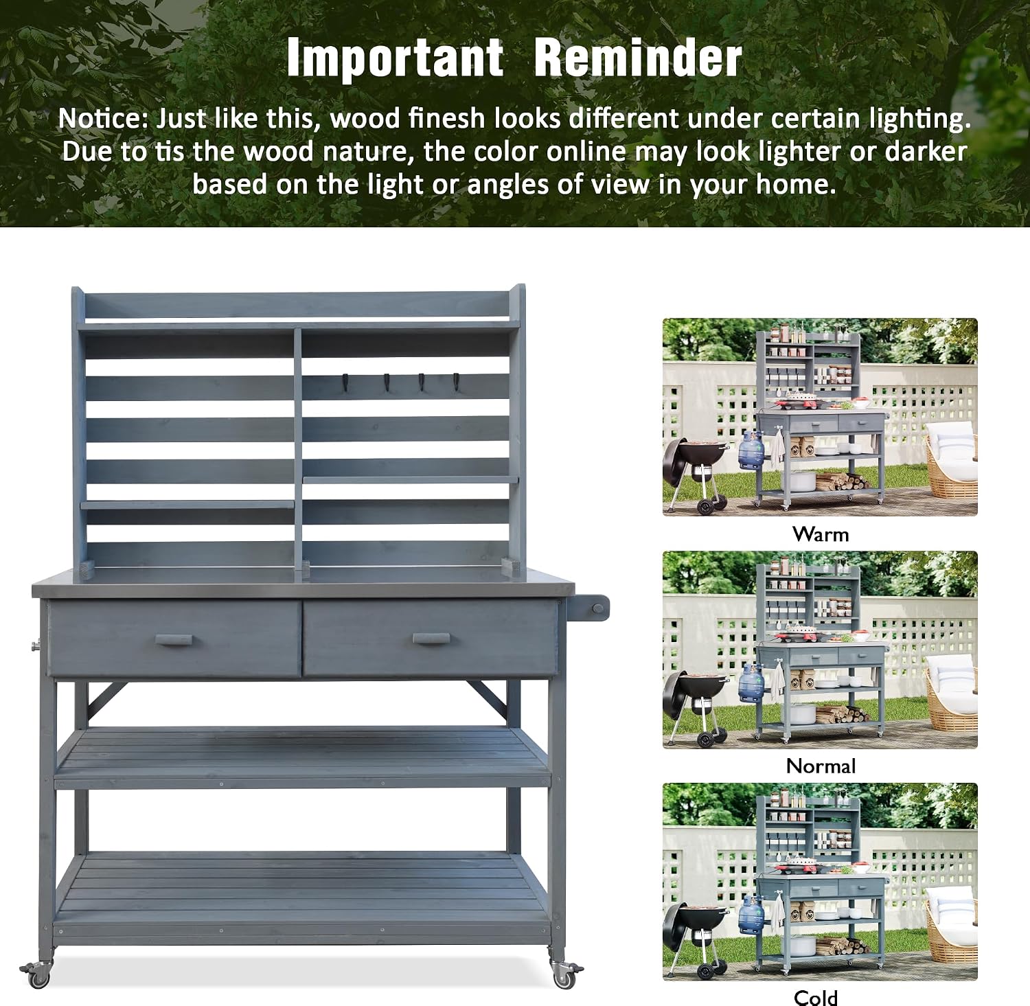 LUMISOL Outdoor Solid Wood Potting Bench Table with Upper Hutch, 64.9' H Outdoor Kitchen Island with Lockable Wheels & Stainless Steel Top, Grill Cart & Storage Cabinet with Towel Rack, Grey Blue