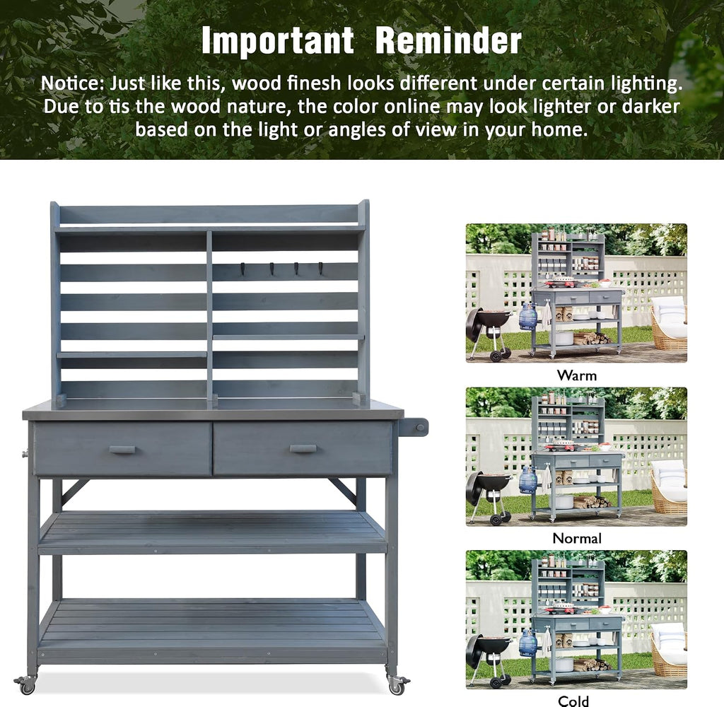 64.9' H Outdoor Potting Bench Table with Lockable Wheels, Solid Wood Outdoor Kitchen Island with Upper Hutch, Stainless Steel Top, Towel Rack,Outdoor Storage for Grilling, Lawn Gar (Grey, 52')