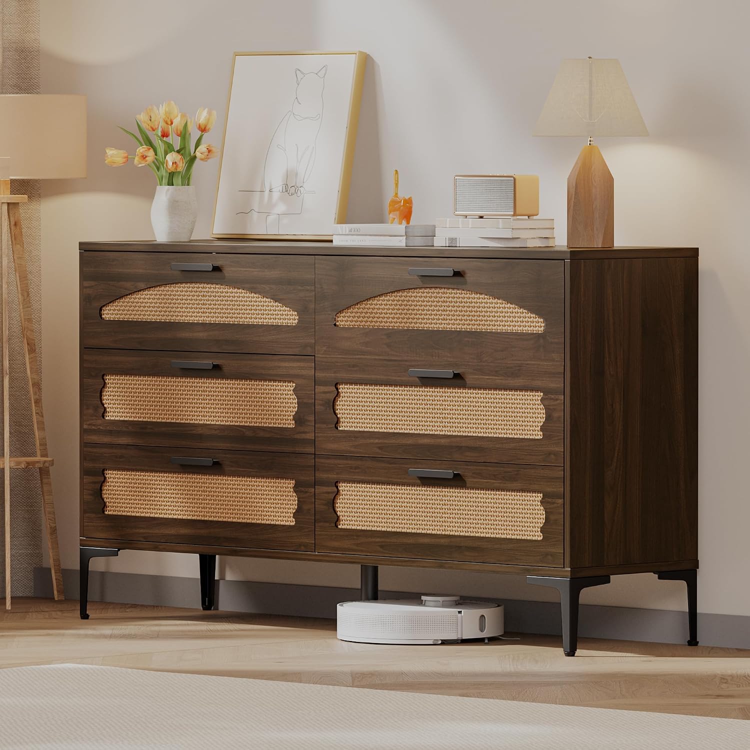 Mericonia 6 Drawer Double Dresser for Bedroom, Wood Rattan Dresser for Closet with Metal Legs, Boho TV Stand with Drawers, Dressers & Chests of Drawers for Bedroom, Hallway and Entryway, Walnut