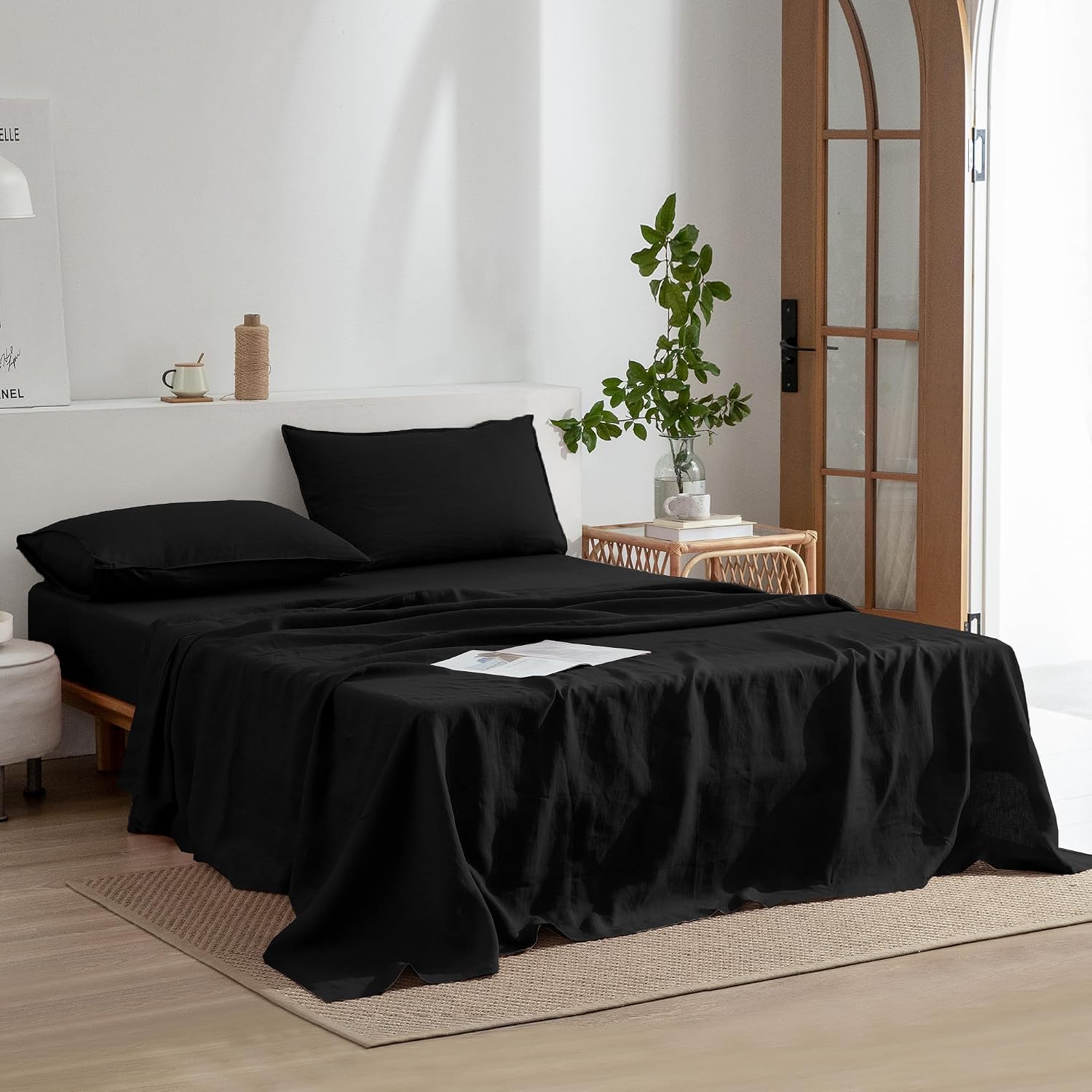 EVERLY Linen Sheets Set Full Size,100% French Stonewash Pure Linen Sheets Set,4Pieces (1Flat Sheet,1Fitted Sheet,2Pillowcase) Suitable for Hot Sleepers,Deep Pocket Natural Bedding Set-Black
