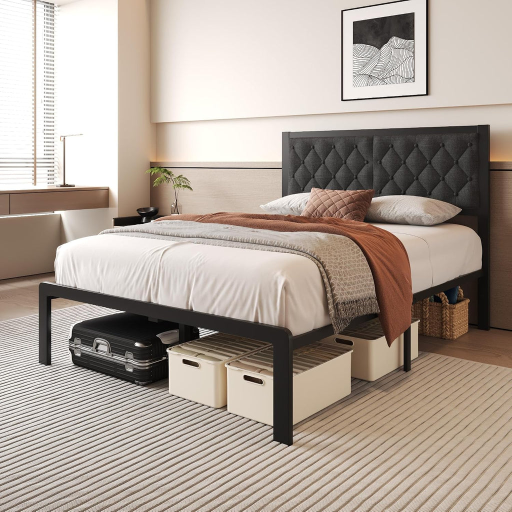 Fluest Full Bed Frame with Headboard Linen Upholstered Bed Frame Platform,All Metal Slats Support Platform Bed Frame with Storage Space,Easy Assembly,Noise Free,No Box Spring Needed,Grey