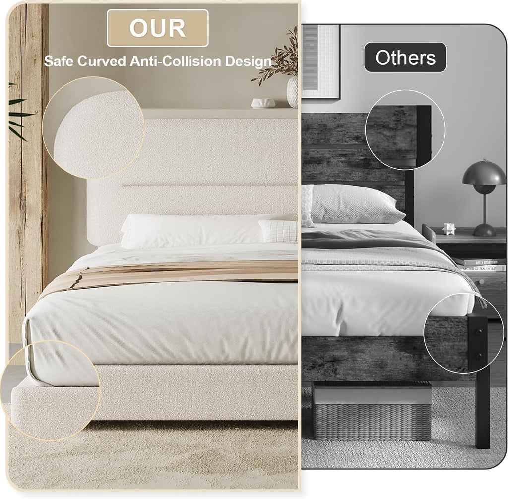 HOMBCK King Size Bed Frame, Upholstered Boucle Bed Frame King with Headboard, Soft Cloud Bed Frames with Thickened Footboard, Rounded Corners, No Box Spring Required, Easy Assembly, Cream