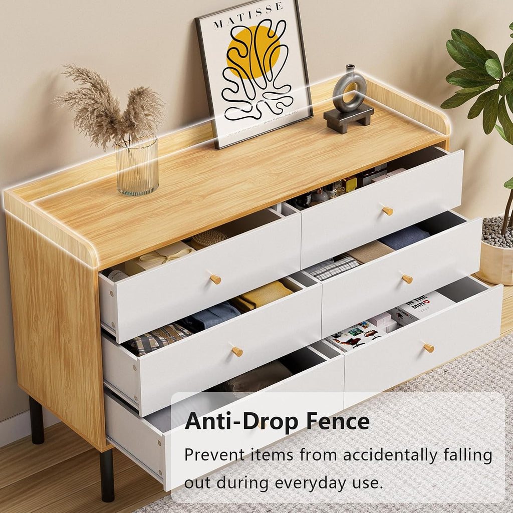 LYNSOM Dresser for Bedroom, 6 Drawer Natural Wood Dresser with Wide Drawer and Metal Handles, Modern Dressers & Chests of Drawers for Hallway Entryway