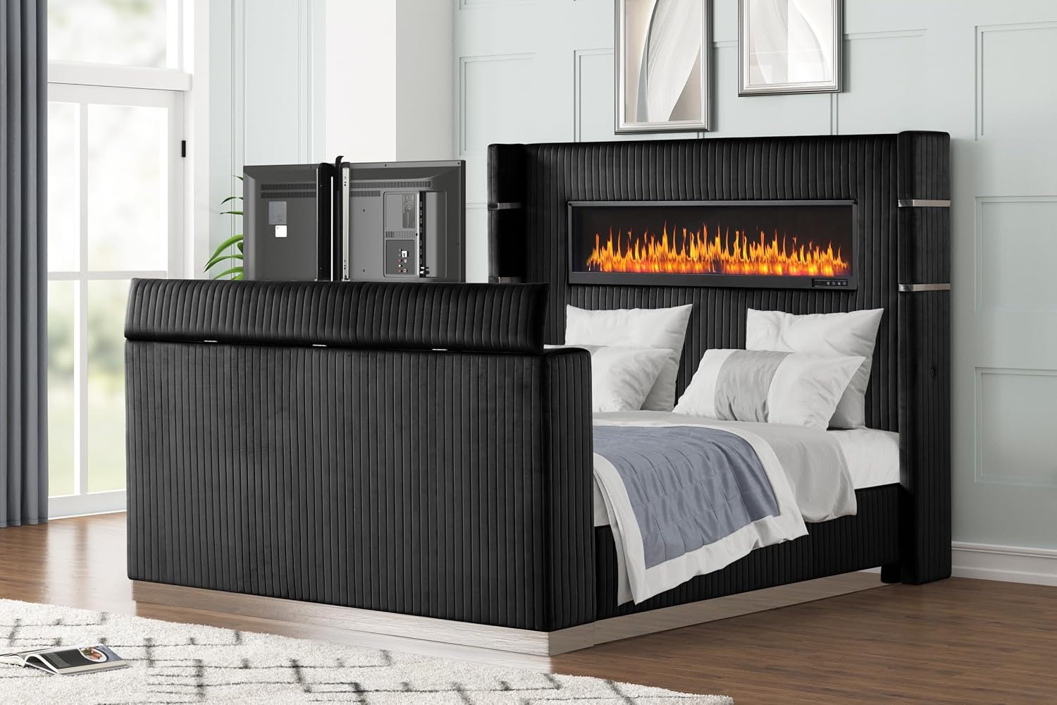 5 Pc King Bedroom Set Made with Fireplace in Headboard TV Stand in Footboard with Wood in Black