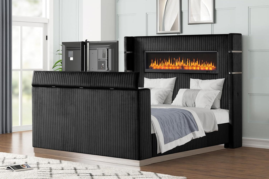 GOWE Lavish Modern Style 4 Pc King Bedroom Set Made with Fireplace in Headboard & TV Stand in Footboard with Wood in Black(NJ Inventory)
