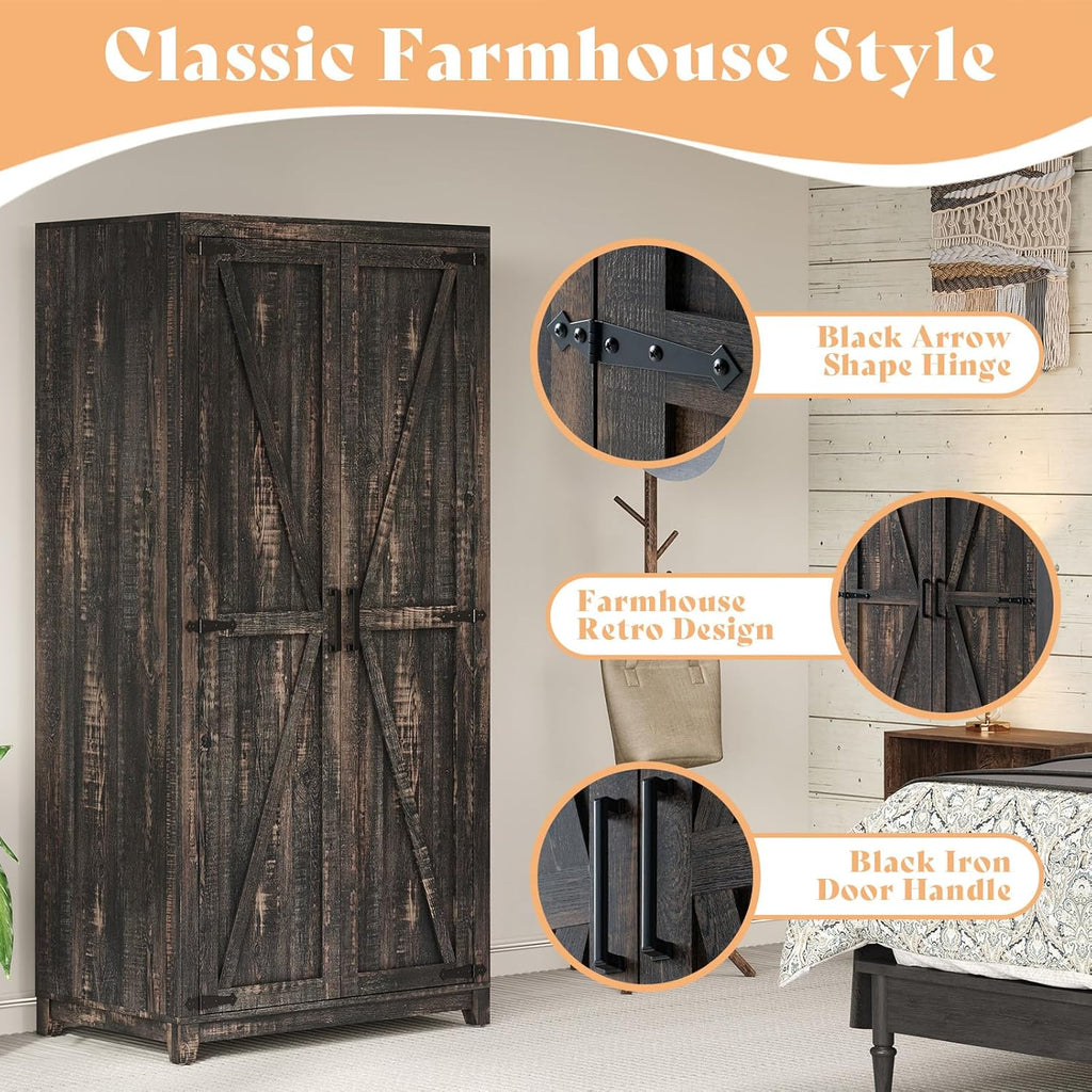 AMERLIFE Set of 2 Farmhouse Armoire Wardrobe Closet with 2 Barn Doors, 71'' Storage Cabinet with Shelf & Hanging Rod, Versatile Clothing Storage for Bedroom, Black Oak