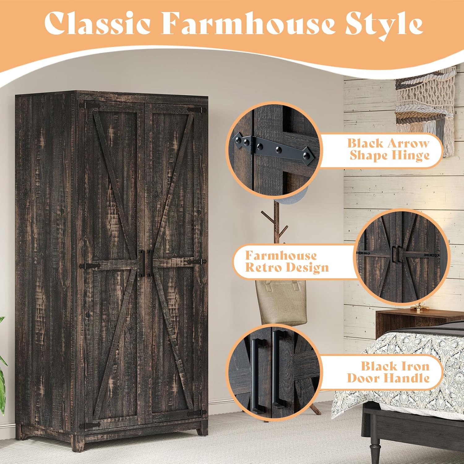 AMERLIFE Farmhouse Armoire Wardrobe Closet with 2 Barn Doors, 71'' Storage Cabinet with Hanging Rod & Shelf, Versatile Clothing Storage for Bedroom, Black Oak