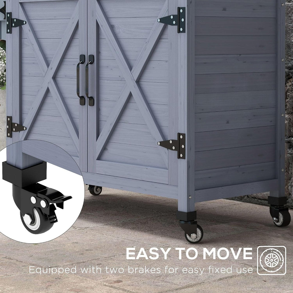 Heavy-Duty Outdoor Potting Bench with Aluminum Tabletop Built-in Storage Cabinet Rubber Casters Gray Weather-Resistant Durable