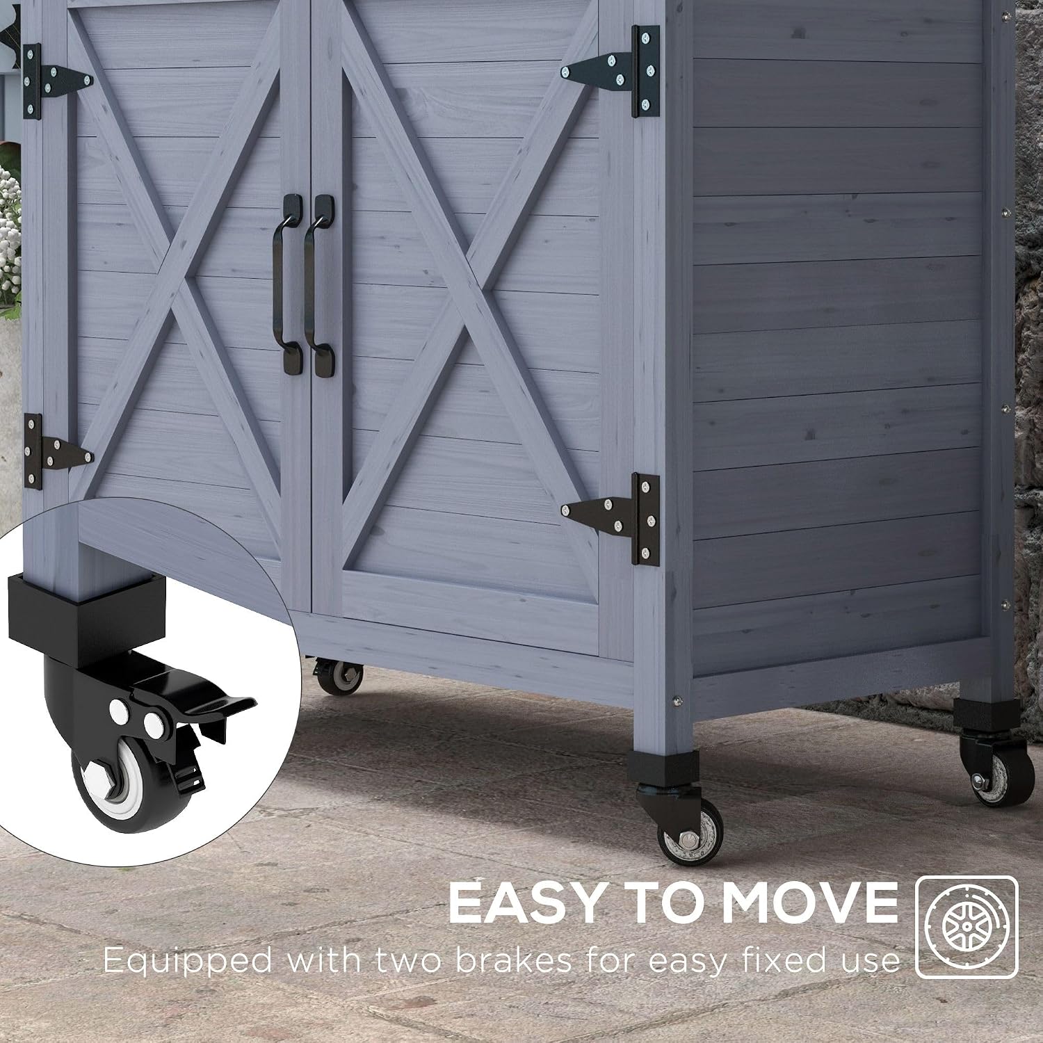 Heavy-Duty Outdoor Potting Bench with Aluminum Tabletop Built-in Storage Cabinet Rubber Casters Gray Weather-Resistant Durable