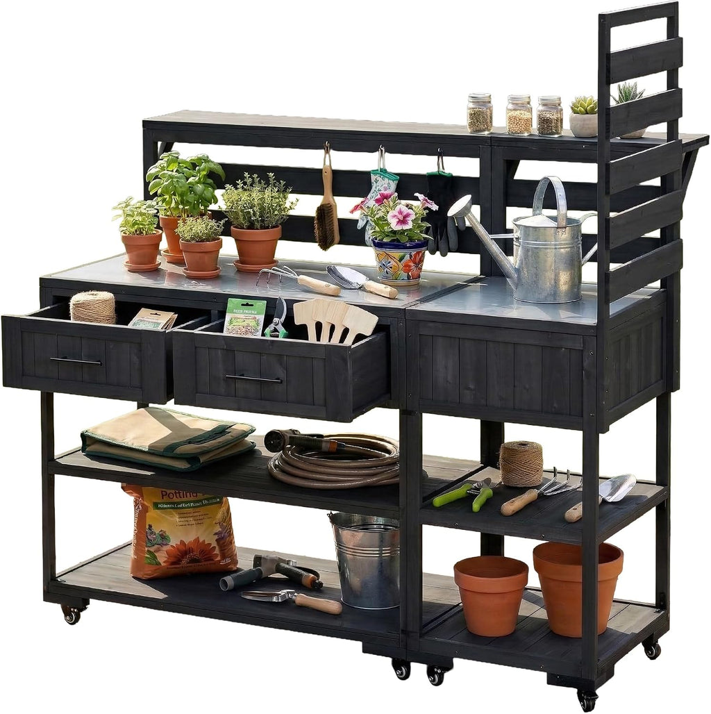 Patio Potting Bench Table with Stainless Table Top, Outdoor Large Garden Workstation on Wheels with Raised Shelf and Drawers for Backyard (Black)