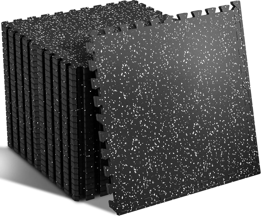 SUPERJARE 0.56'' Thick 12 Pcs 48 Sq Ft Rubber Top Exercise Equipment Mats, High Density EVA Foam Mats with Rubber Top, Interlocking Gym Flooring for Home Gym, Protective Workout Mat, Black/Grey