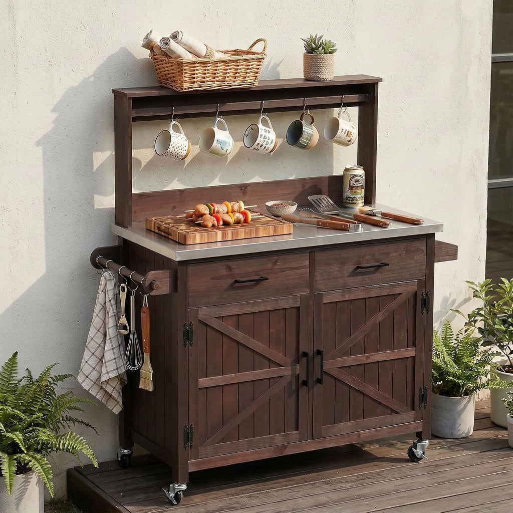 54.1' Outdoor Kitchen Island with High Shelf, Large Potting Bench Table with Stainless Steel Top, Solid Wood Grill Cart with Lockable Wheels for BBQ, Garden (Brown-hs)