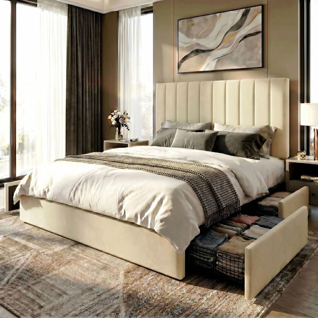 SHA CERLIN Full Size Platform Bed Frame with 4 Storage Drawers, Vertical Channel Tufted Adjustable Headboard, Velvet Upholstered, Wooden Slats Support, No Box Spring Needed, Easy Assembly, Cream