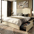 SHA CERLIN Full Size Platform Bed Frame with 4 Storage Drawers, Vertical Channel Tufted Adjustable Headboard, Velvet Upholstered, Wooden Slats Support, No Box Spring Needed, Easy Assembly, Cream