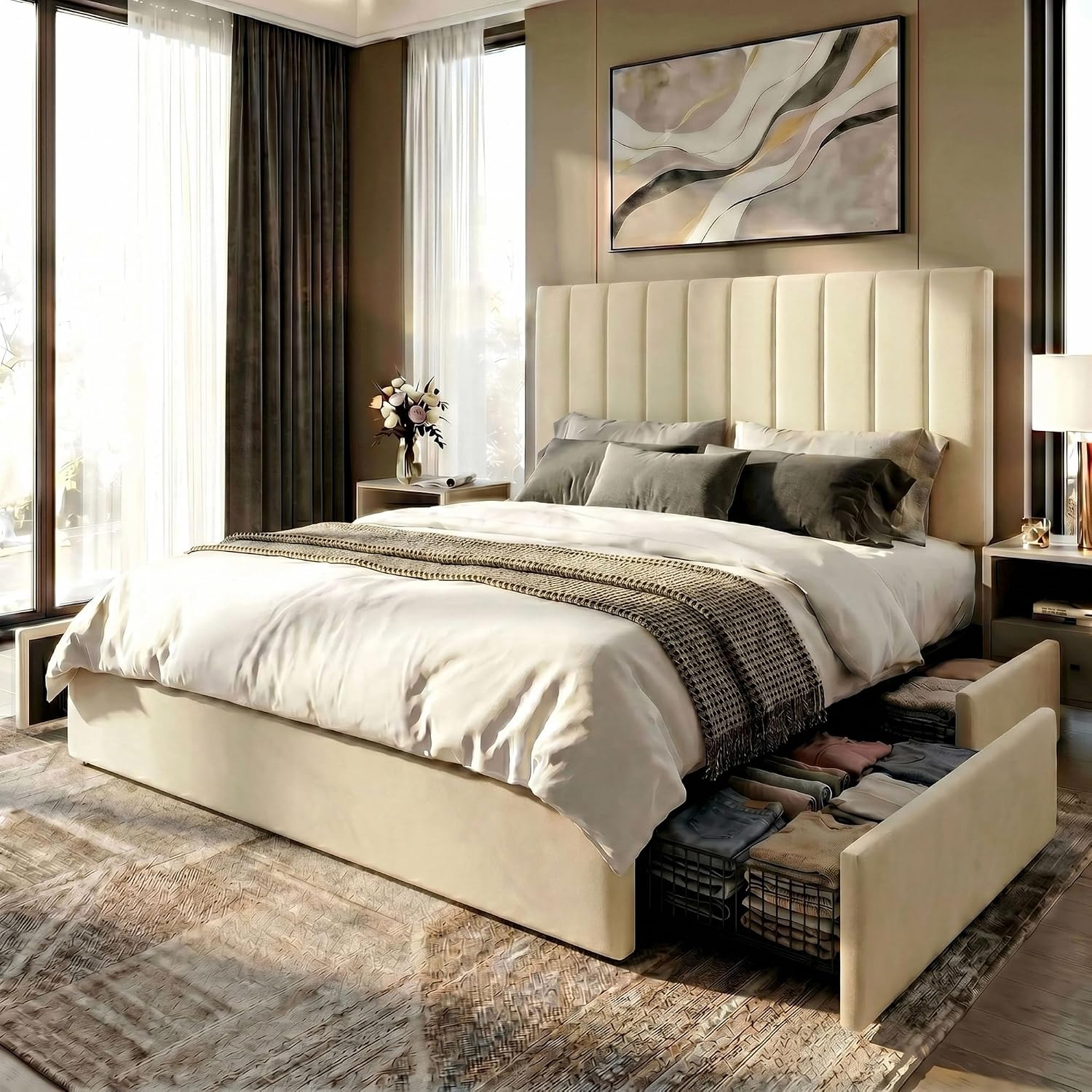SHA CERLIN Full Size Platform Bed Frame with 4 Storage Drawers, Vertical Channel Tufted Adjustable Headboard, Velvet Upholstered, Wooden Slats Support, No Box Spring Needed, Easy Assembly, Cream