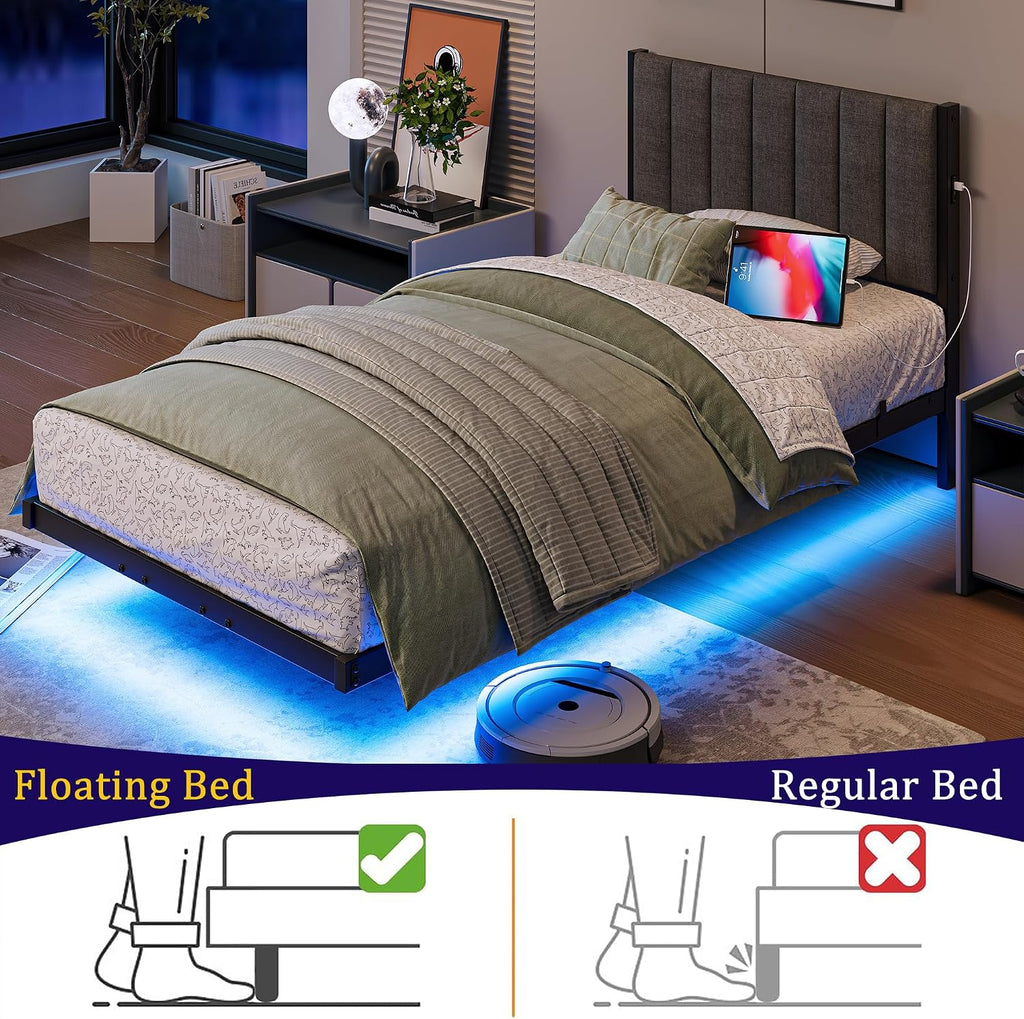 Floating Twin Bed Frame with LED Lights & USB Charging Station,Metal Platform Bed with Strong Slats Support,Floating Bed Frame Twin Size with Upholstered Headboard,Easy Assembly,Noise Free,Gray