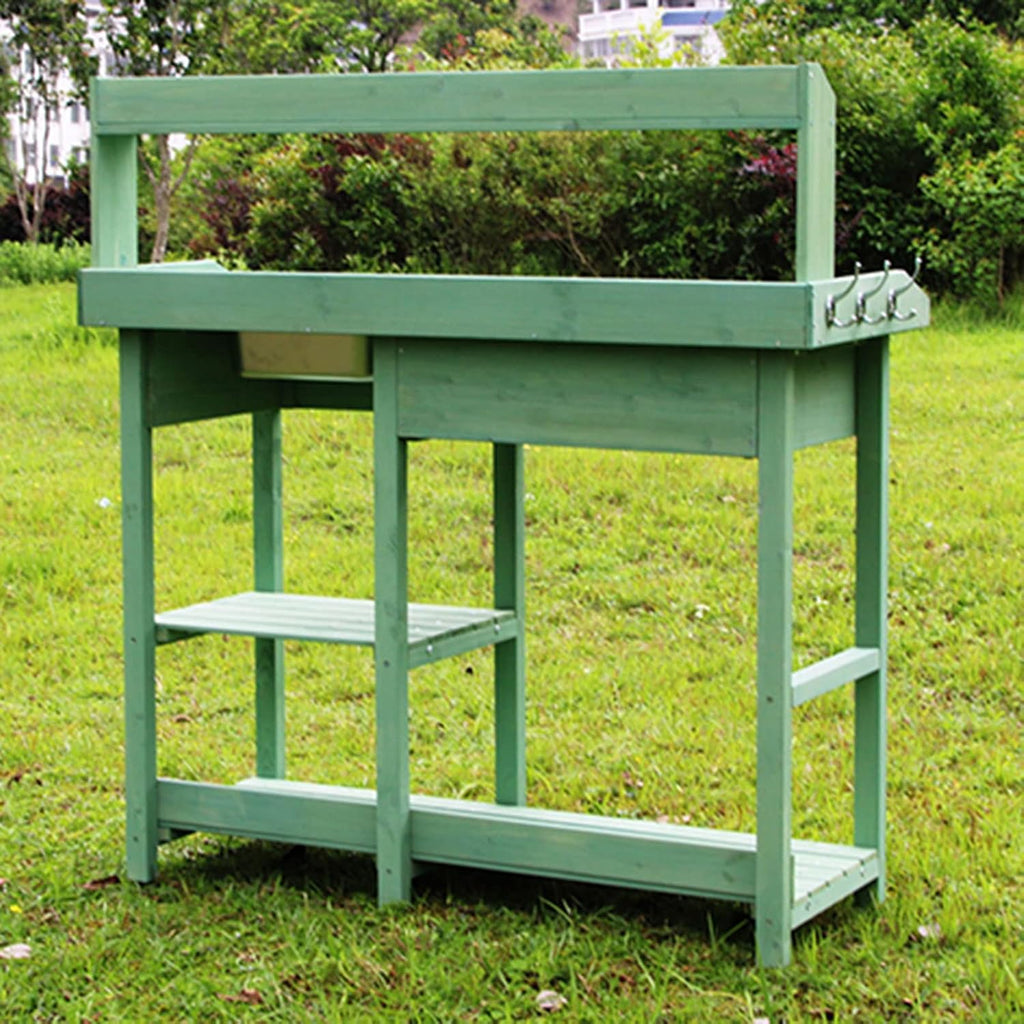 Garden Potting Bench Table, Wood Outdoor Workstation with Storage Cabinet and Planting Sink, Side Hooks and Bottom Shelf for Garden Supplies